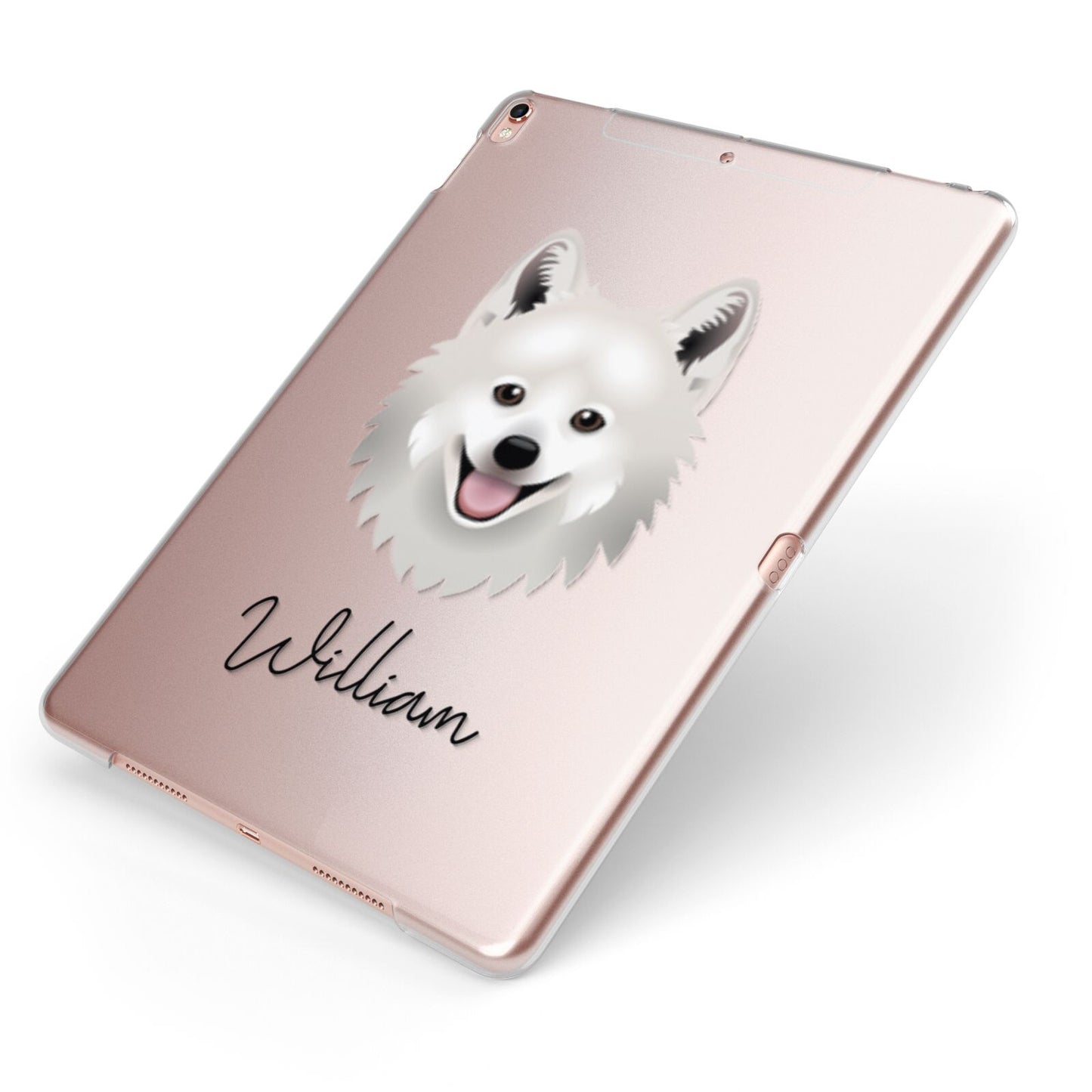 Japanese Spitz Personalised Apple iPad Case on Rose Gold iPad Side View