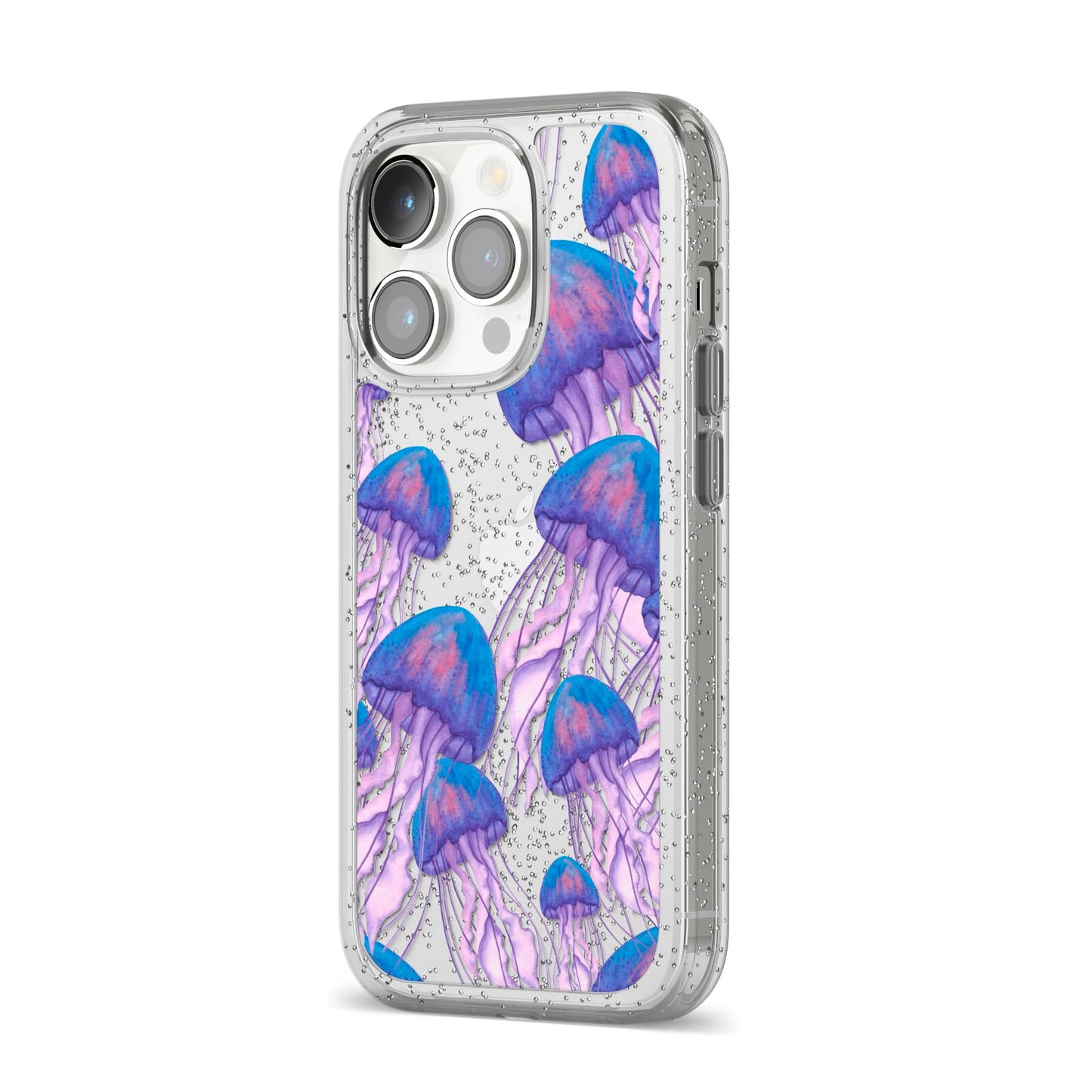 Jellyfish iPhone 14 Pro Glitter Tough Case Silver Angled Image