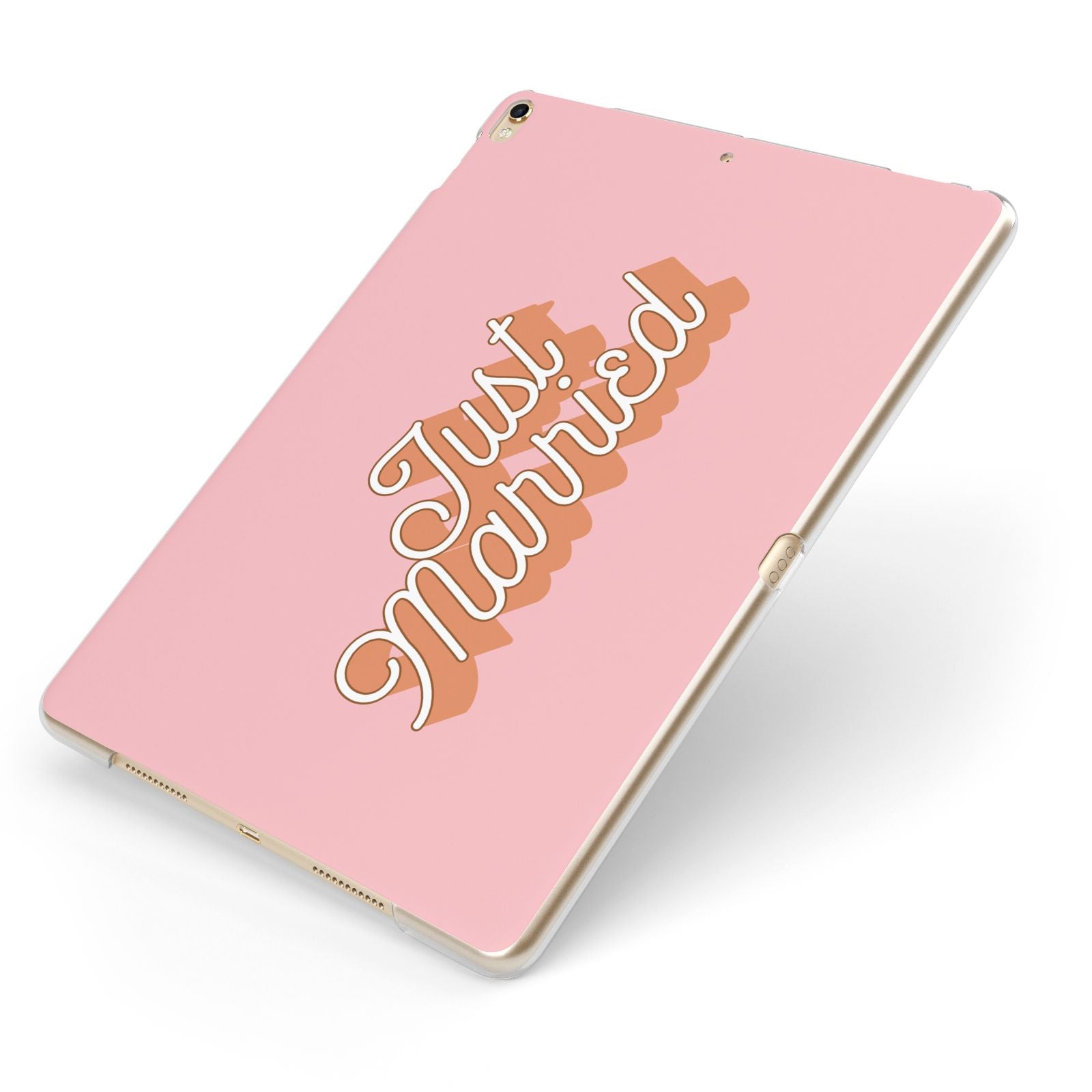 Just Married Pink Apple iPad Case on Gold iPad Side View
