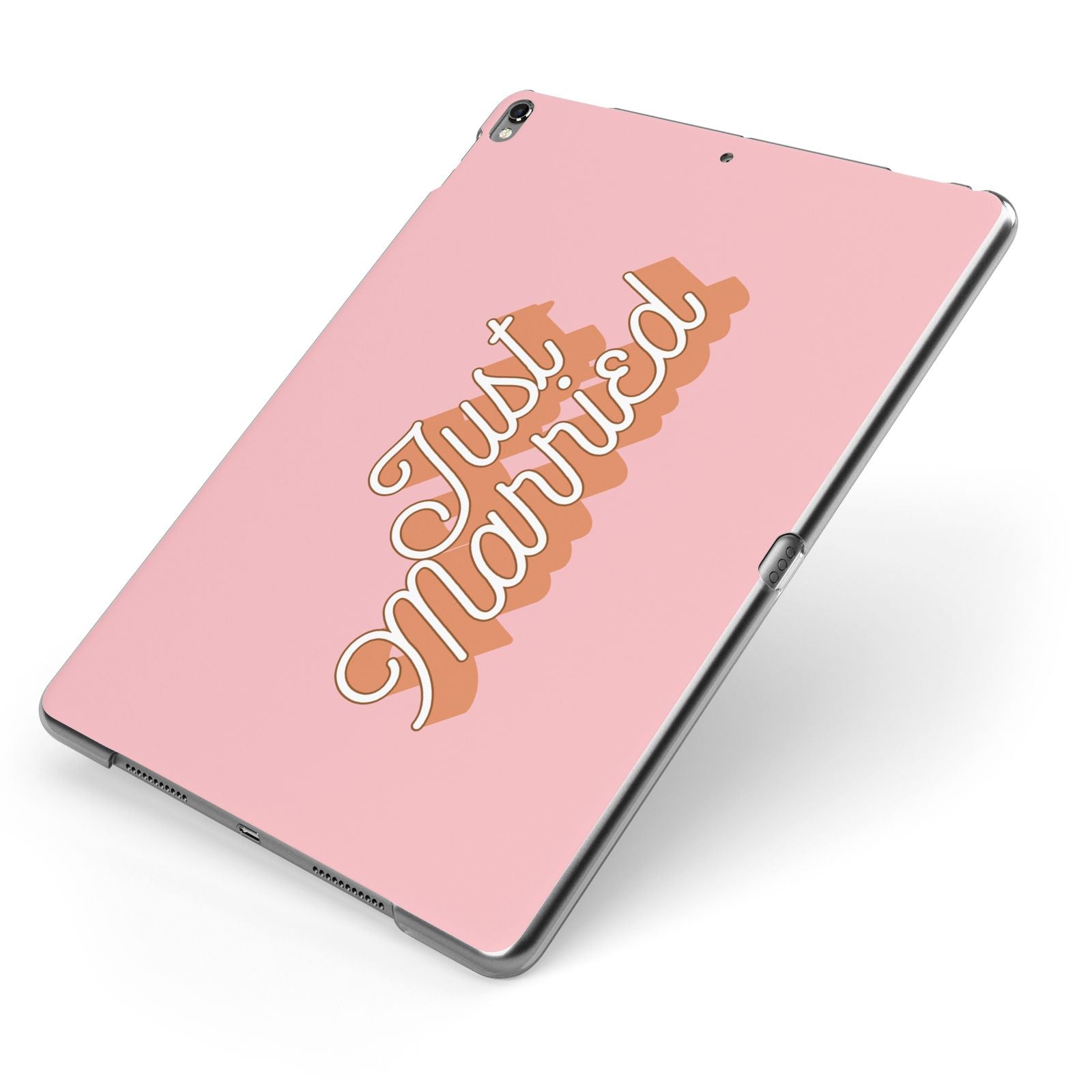 Just Married Pink Apple iPad Case on Grey iPad Side View