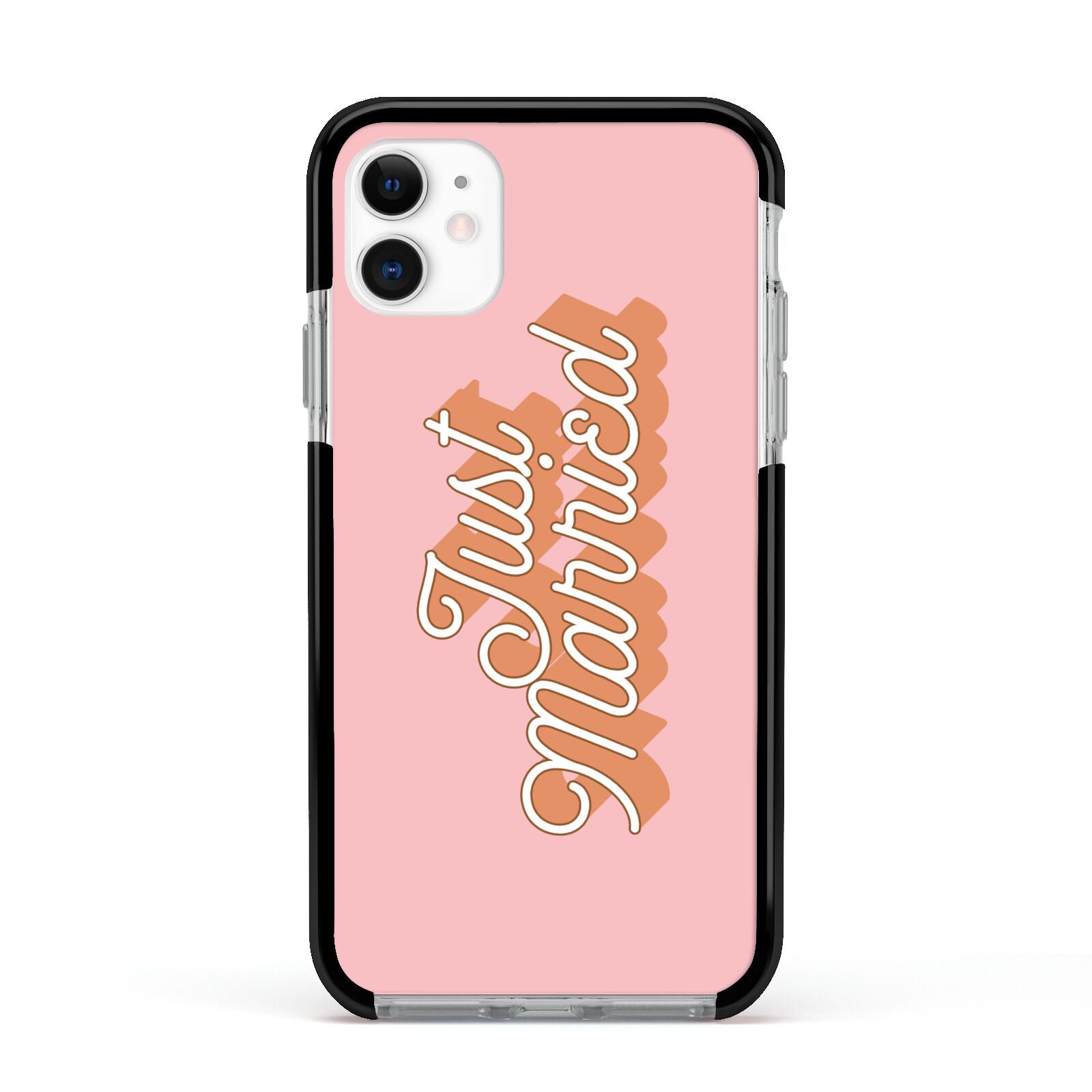 Just Married Pink Apple iPhone 11 in White with Black Impact Case