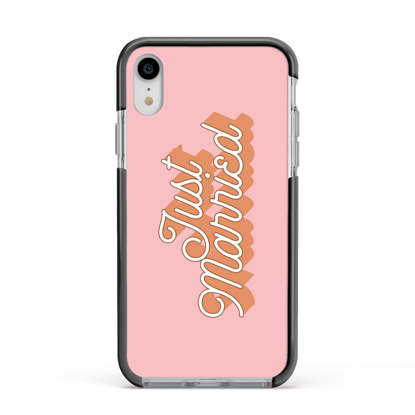 Just Married Pink Apple iPhone XR Impact Case Black Edge on Silver Phone