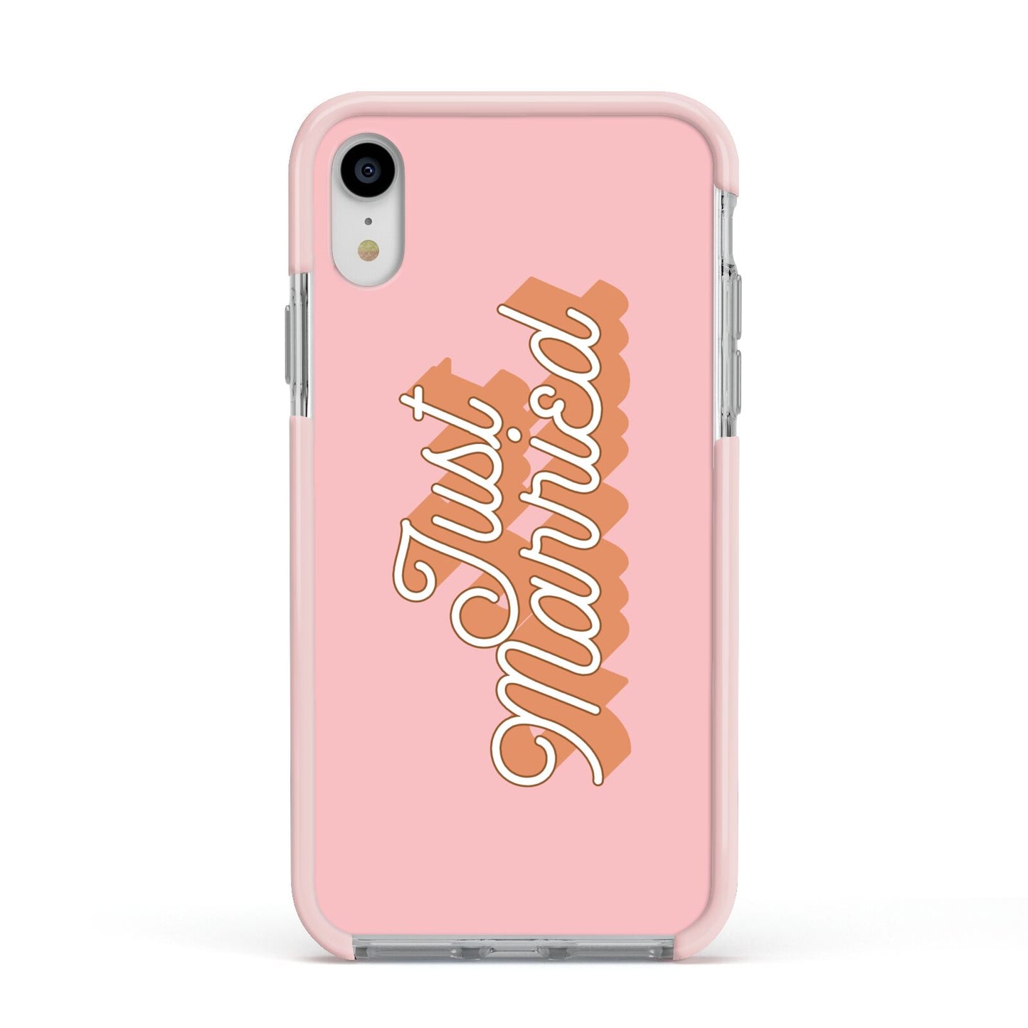 Just Married Pink Apple iPhone XR Impact Case Pink Edge on Silver Phone