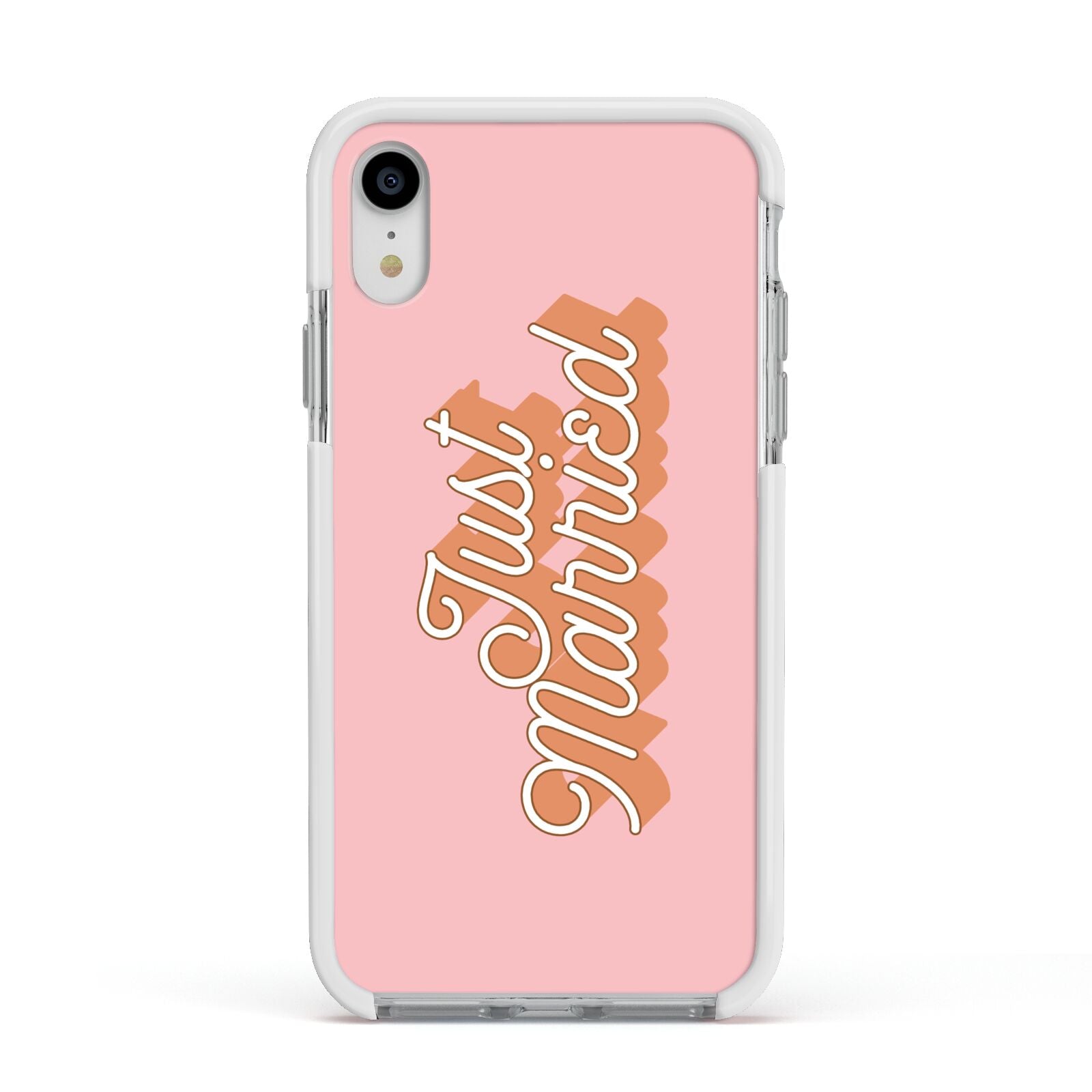 Just Married Pink Apple iPhone XR Impact Case White Edge on Silver Phone
