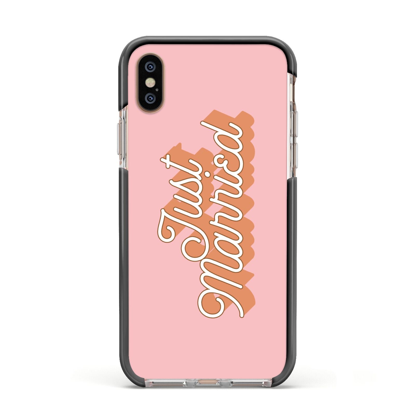 Just Married Pink Apple iPhone Xs Impact Case Black Edge on Gold Phone
