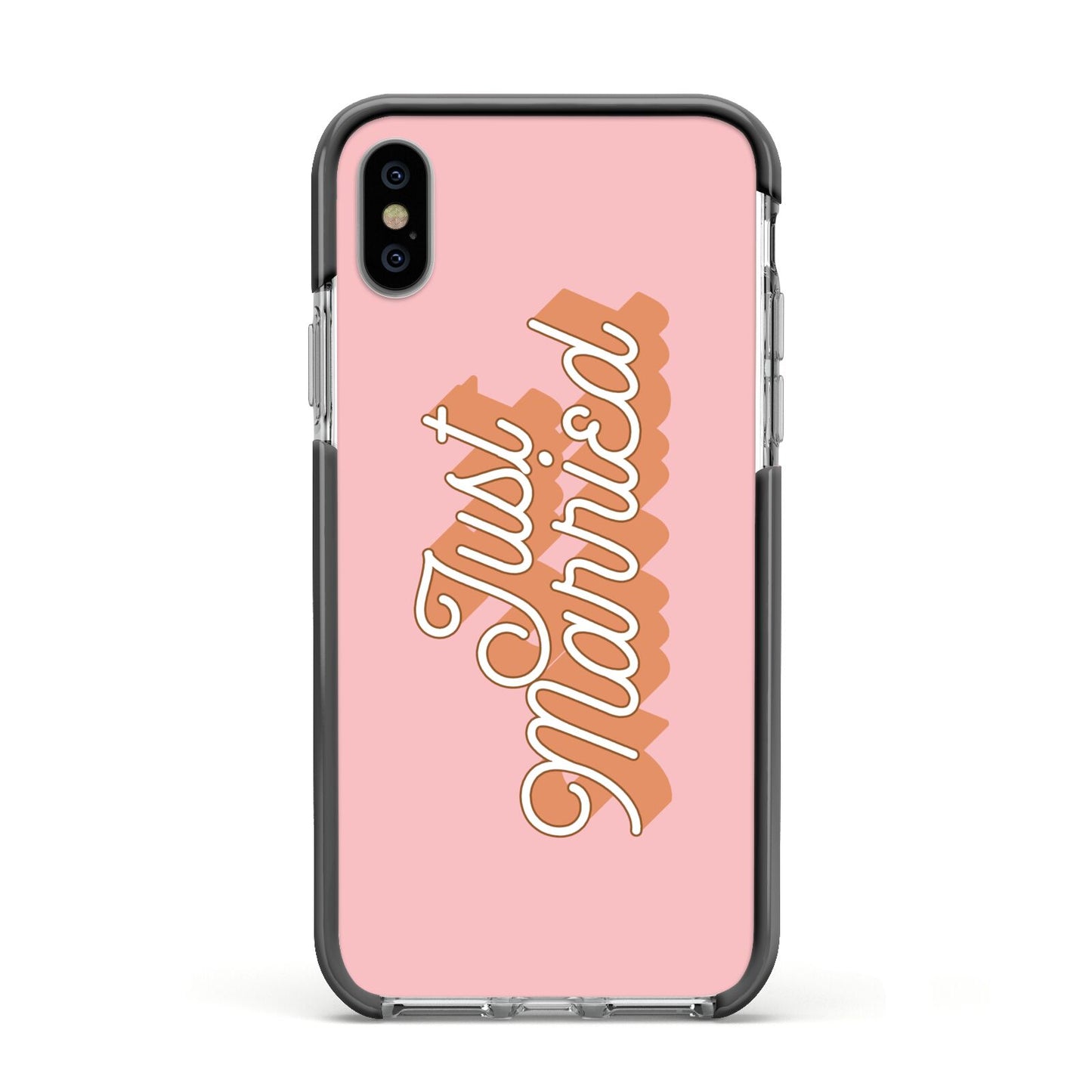 Just Married Pink Apple iPhone Xs Impact Case Black Edge on Silver Phone