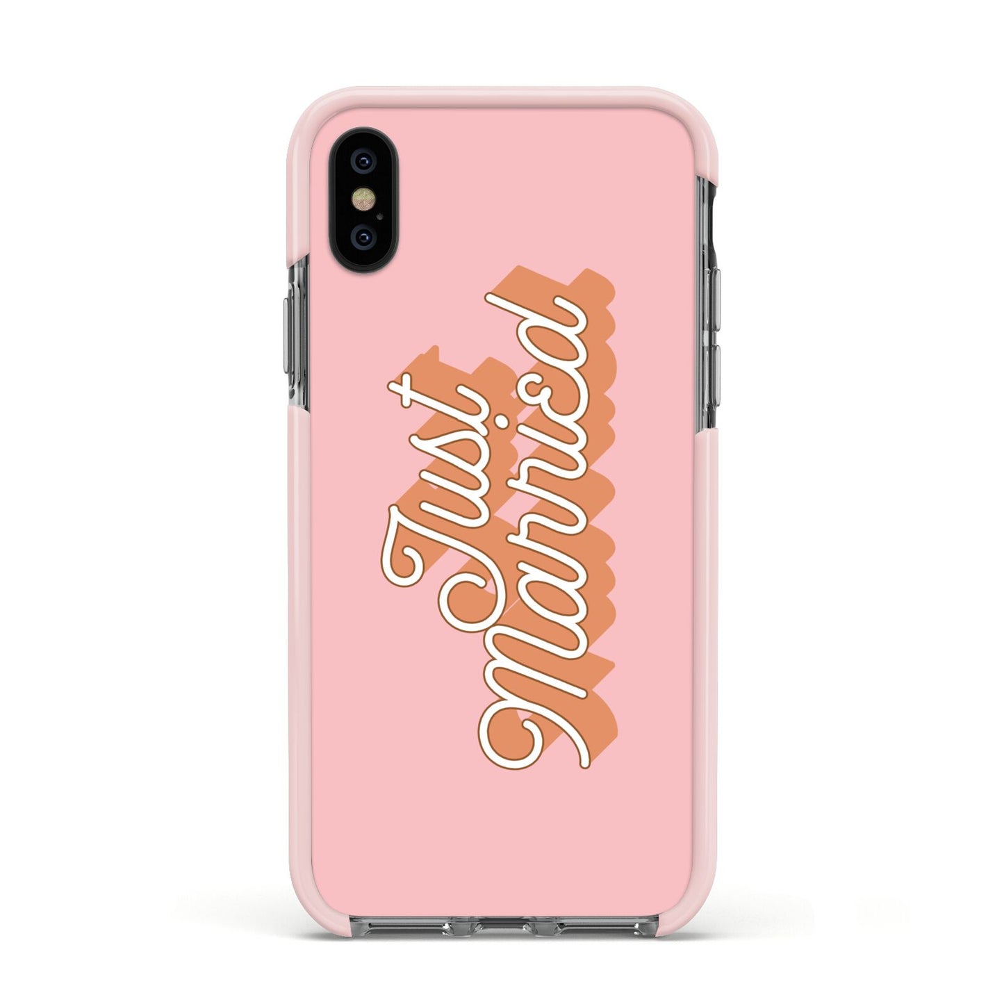 Just Married Pink Apple iPhone Xs Impact Case Pink Edge on Black Phone