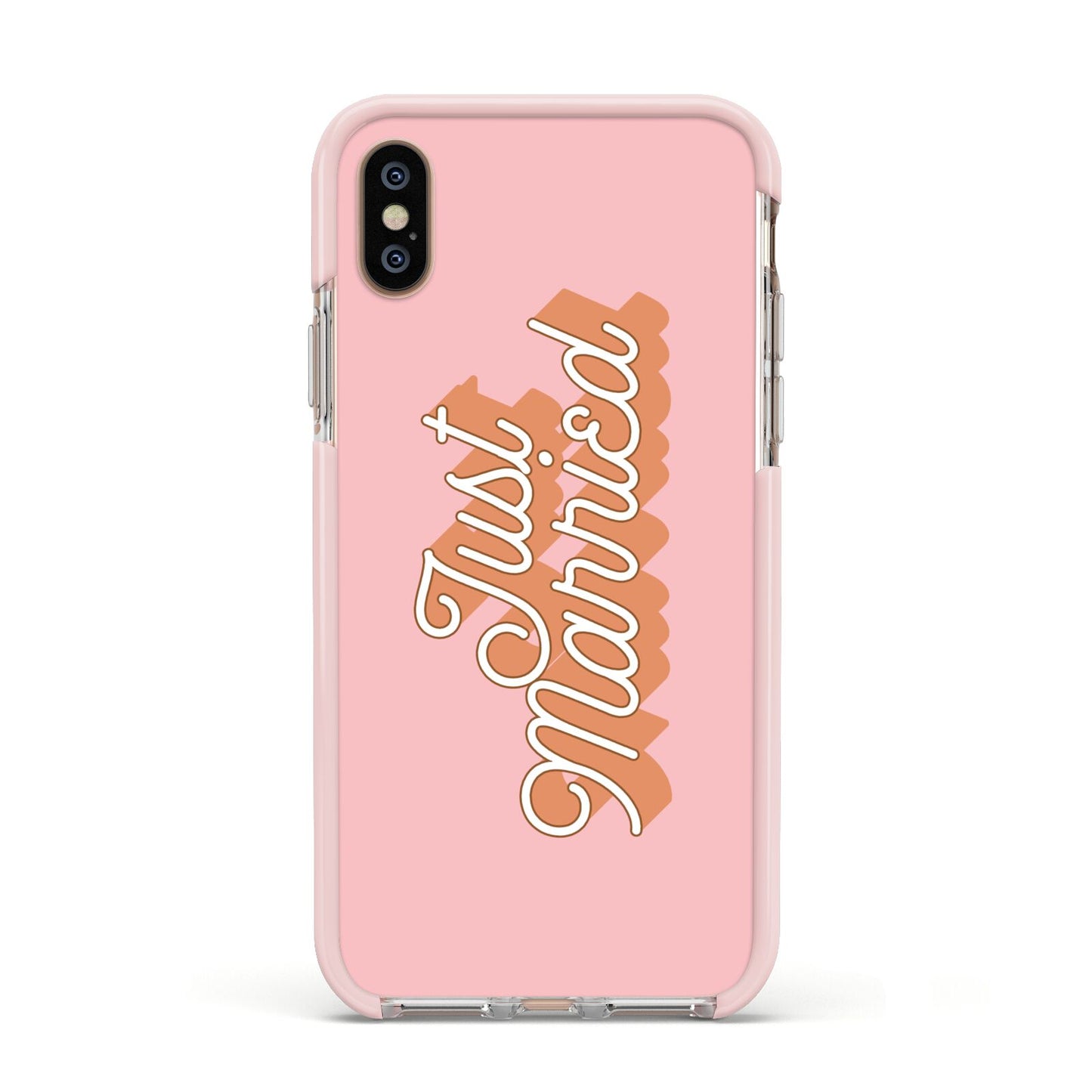 Just Married Pink Apple iPhone Xs Impact Case Pink Edge on Gold Phone
