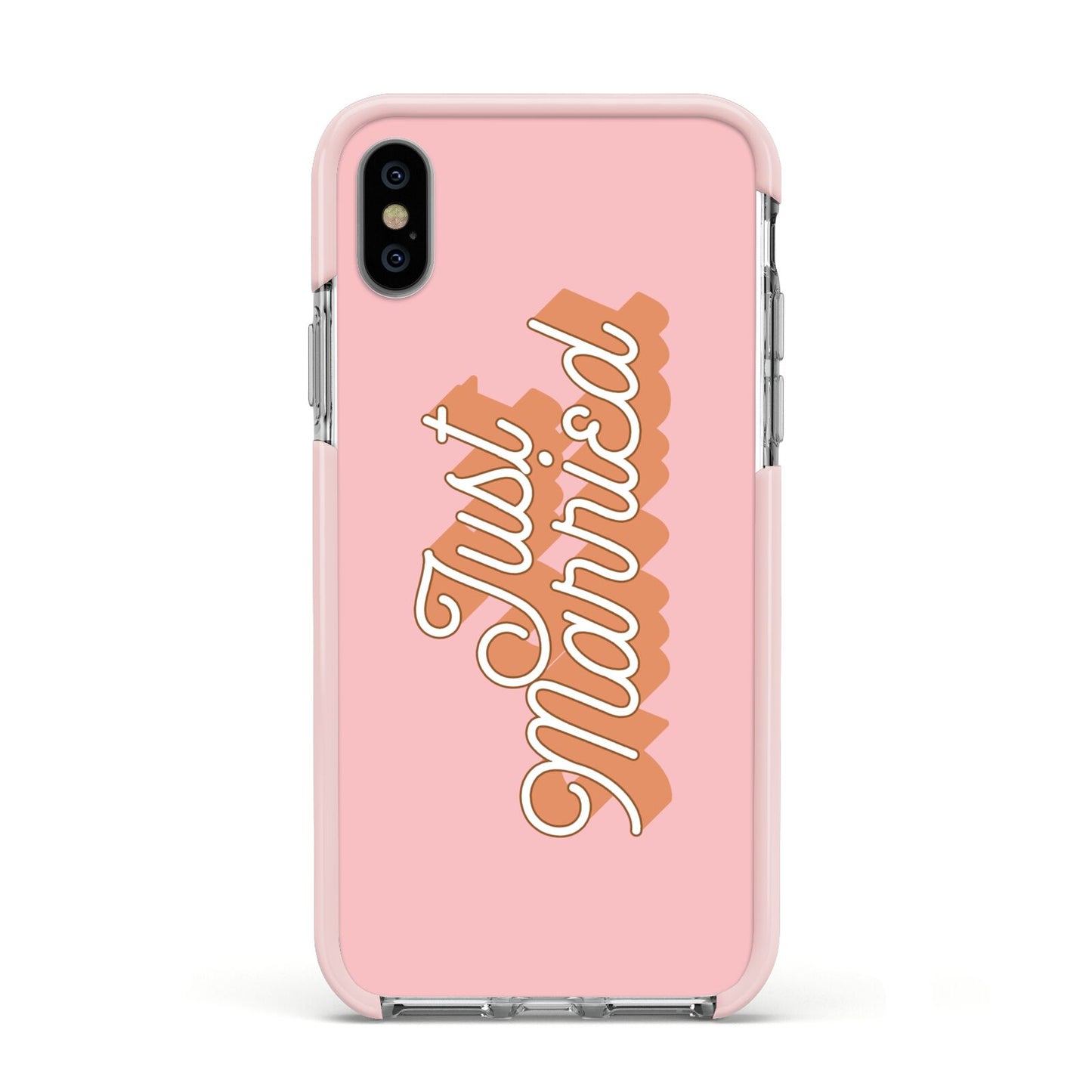 Just Married Pink Apple iPhone Xs Impact Case Pink Edge on Silver Phone