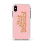 Just Married Pink Apple iPhone Xs Impact Case White Edge on Silver Phone