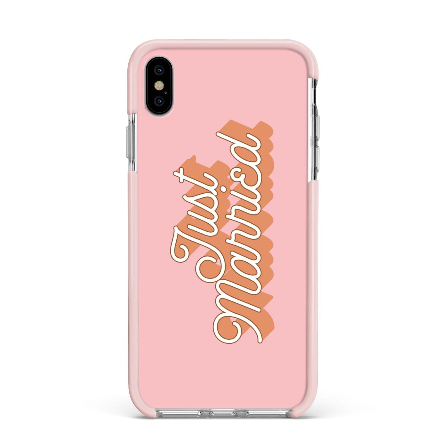 Just Married Pink Apple iPhone Xs Max Impact Case Pink Edge on Silver Phone