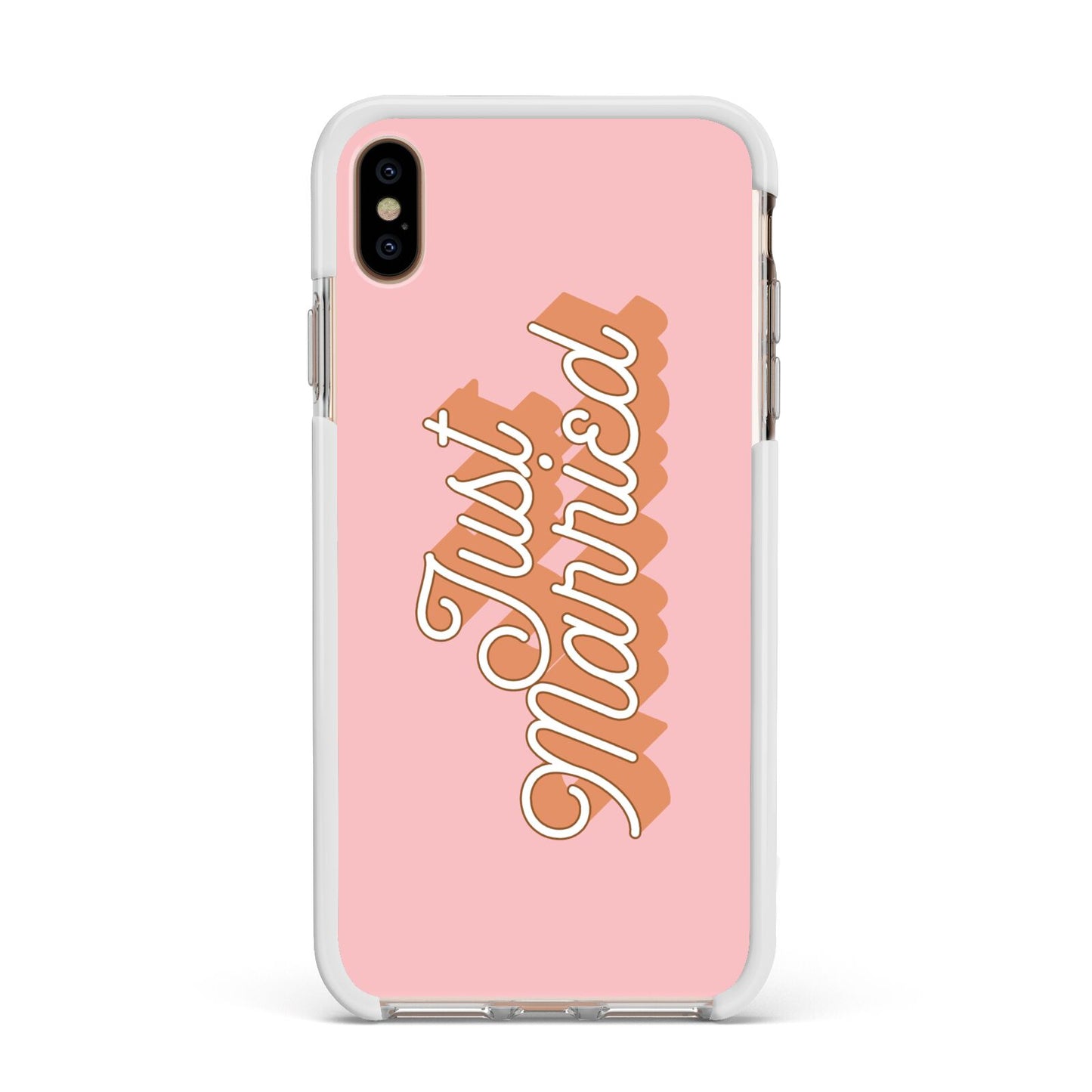 Just Married Pink Apple iPhone Xs Max Impact Case White Edge on Gold Phone