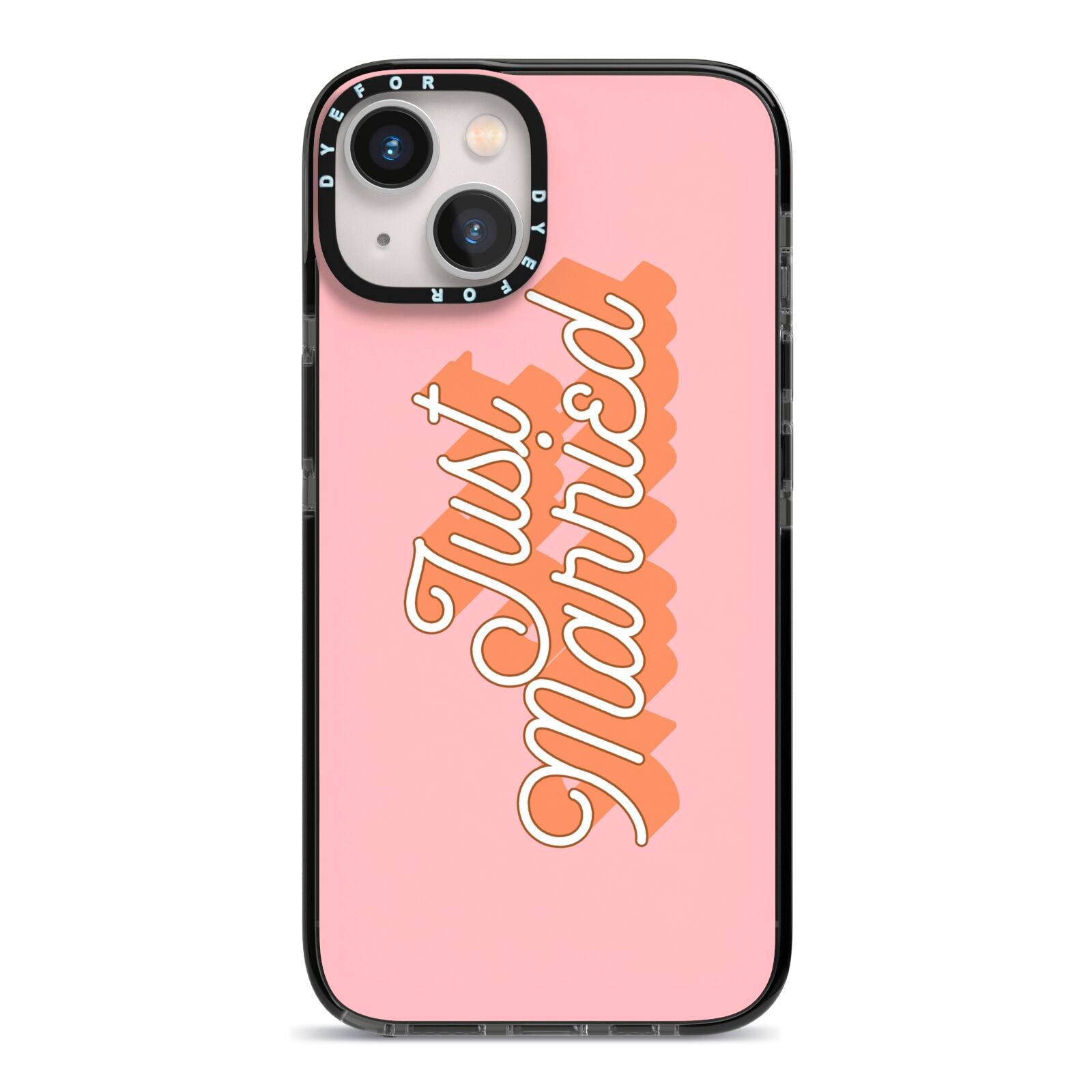 Just Married Pink iPhone 13 Black Impact Case on Silver phone