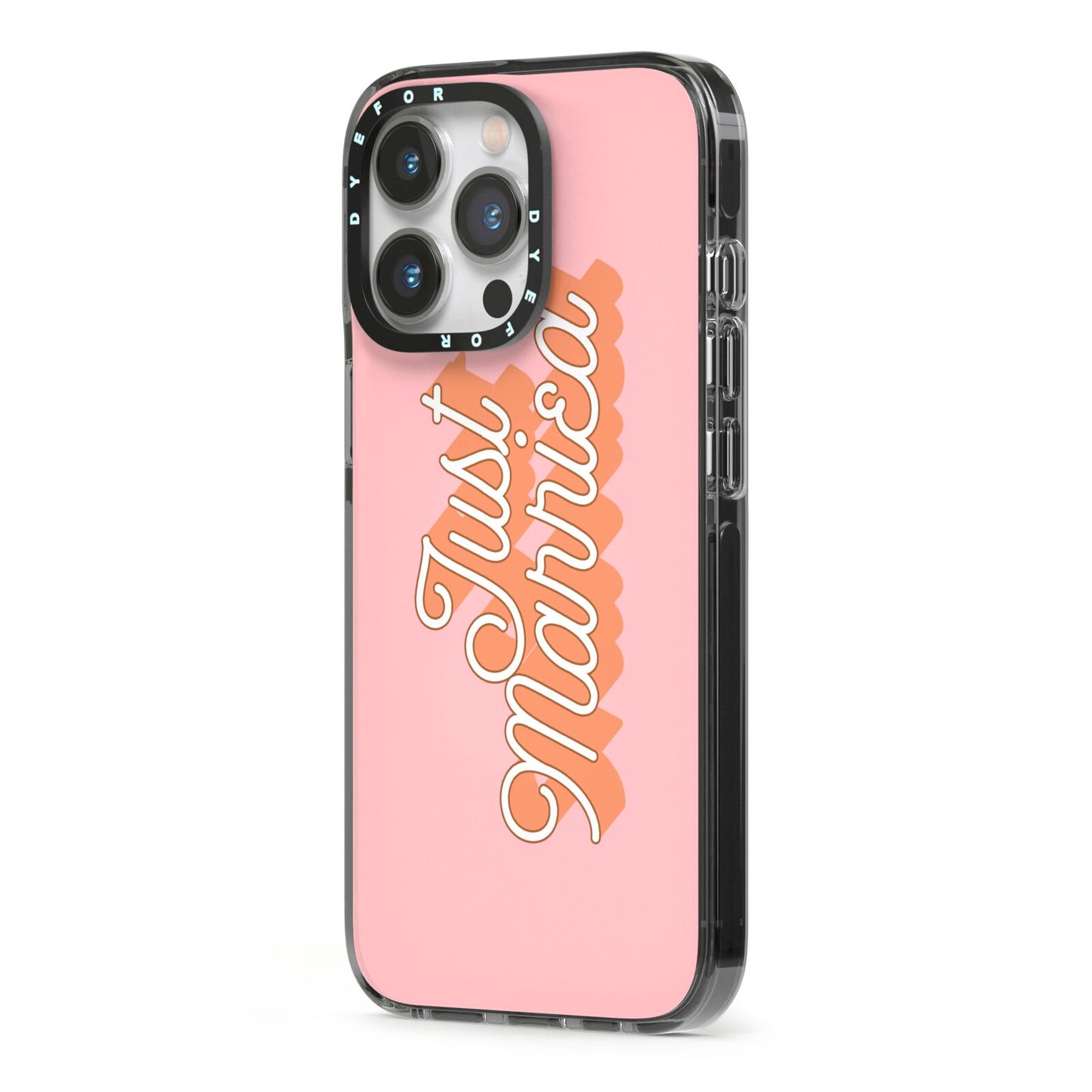 Just Married Pink iPhone 13 Pro Black Impact Case Side Angle on Silver phone