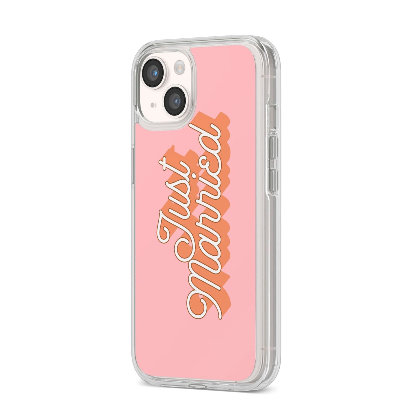 Just Married Pink iPhone 14 Clear Tough Case Starlight Angled Image