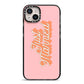Just Married Pink iPhone 14 Plus Black Impact Case on Silver phone