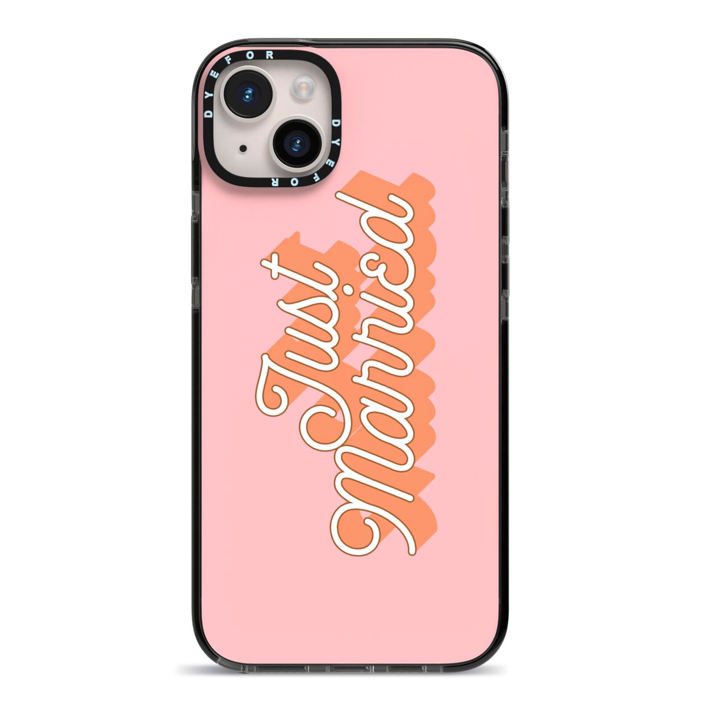 Just Married Pink iPhone 14 Plus Black Impact Case on Silver phone