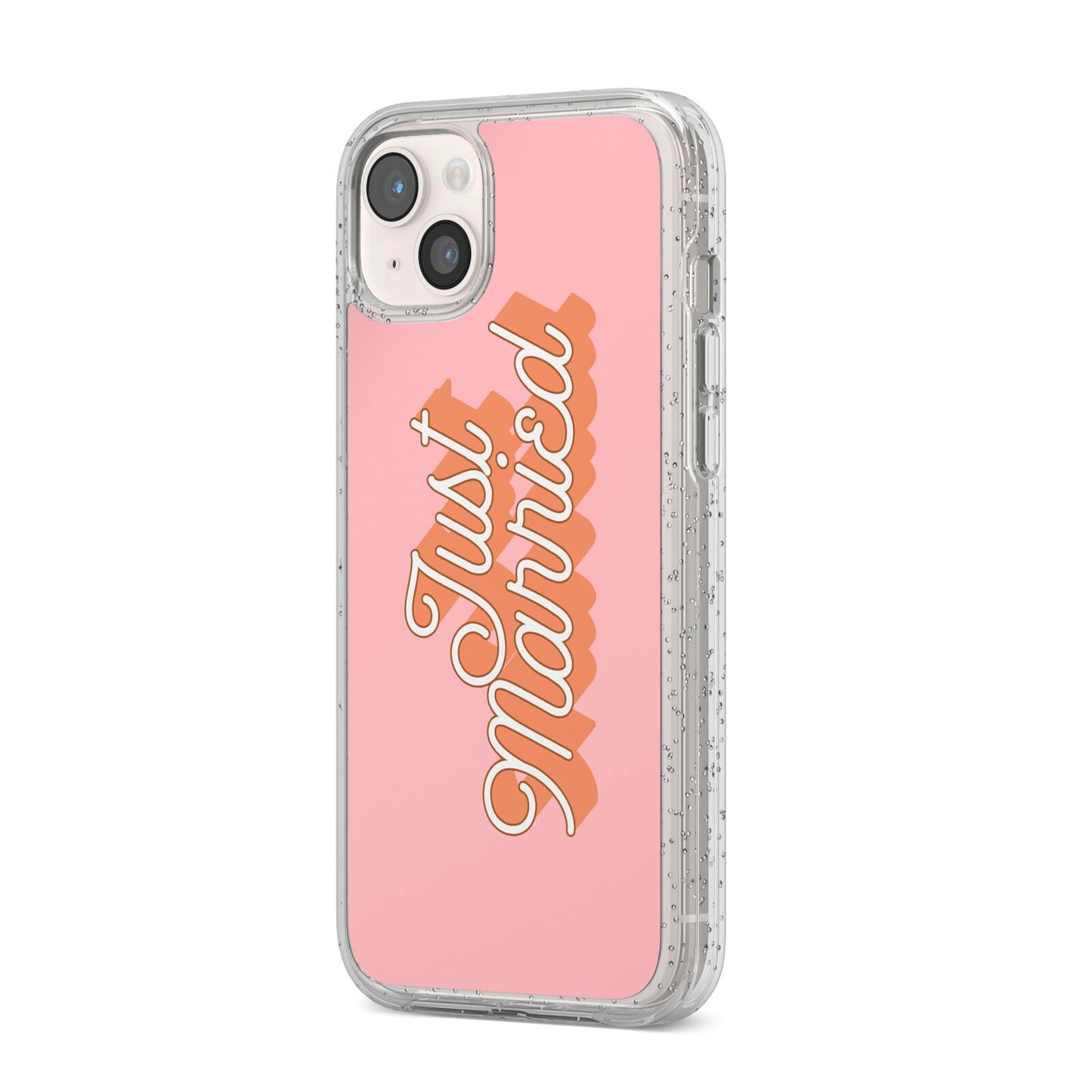 Just Married Pink iPhone 14 Plus Glitter Tough Case Starlight Angled Image