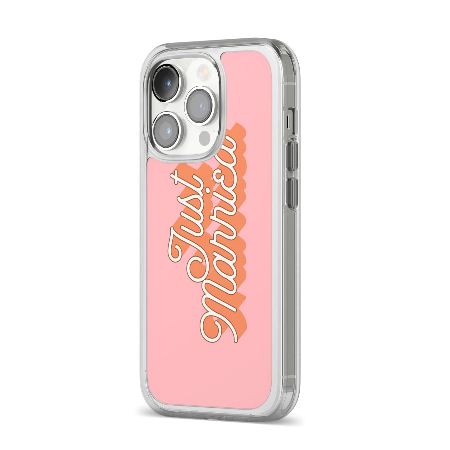 Just Married Pink iPhone 14 Pro Clear Tough Case Silver Angled Image