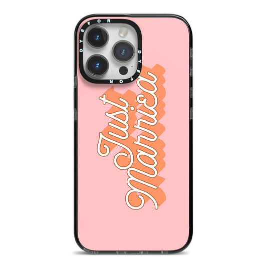 Just Married Pink iPhone 14 Pro Max Black Impact Case on Silver phone
