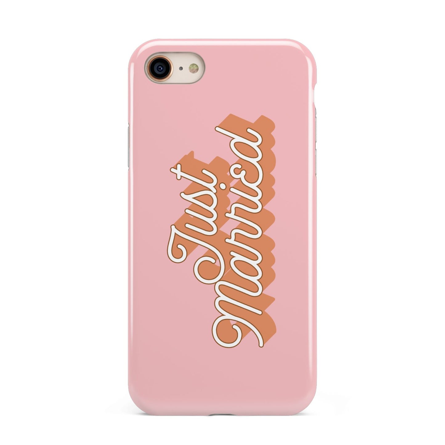 Just Married Pink iPhone 8 3D Tough Case on Gold Phone