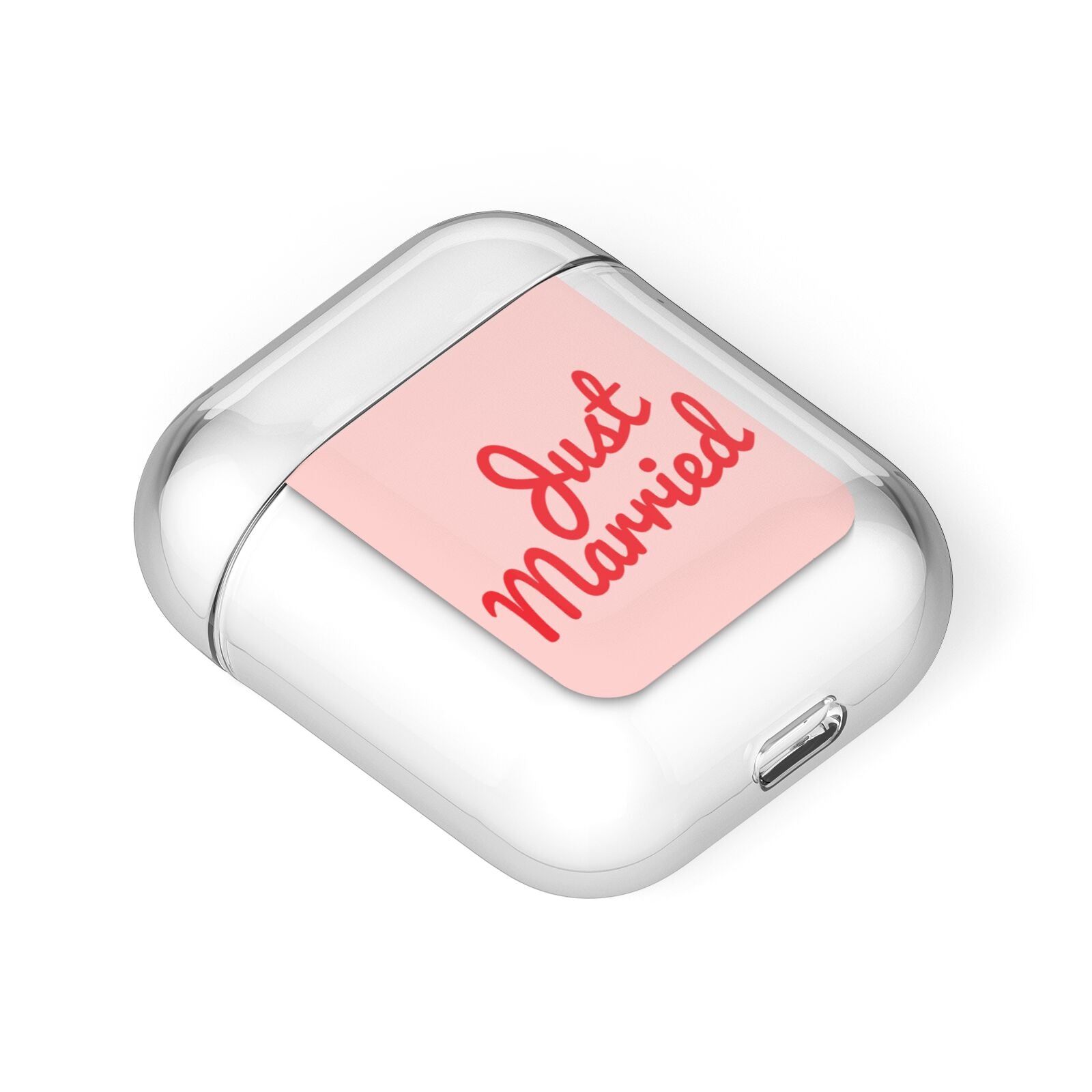 Just Married Red Pink AirPods Case Laid Flat