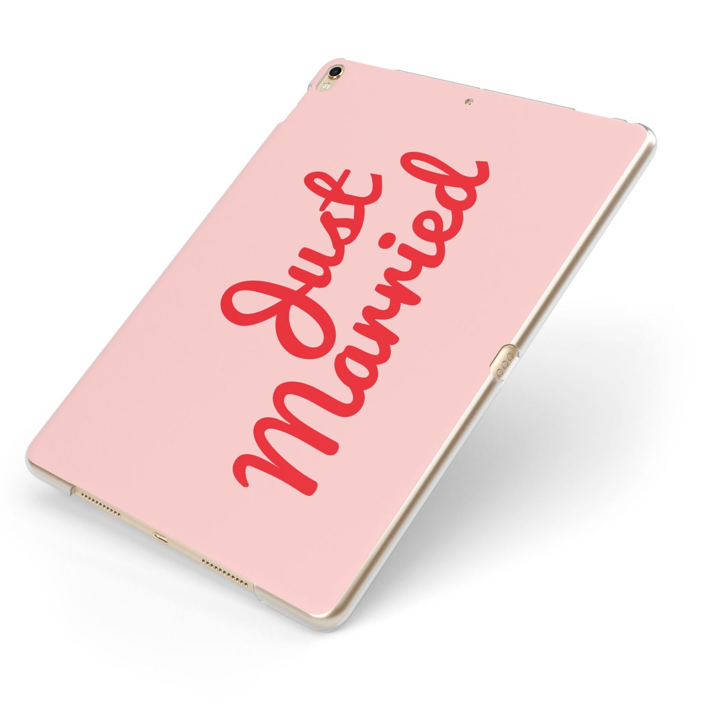 Just Married Red Pink Apple iPad Case on Gold iPad Side View