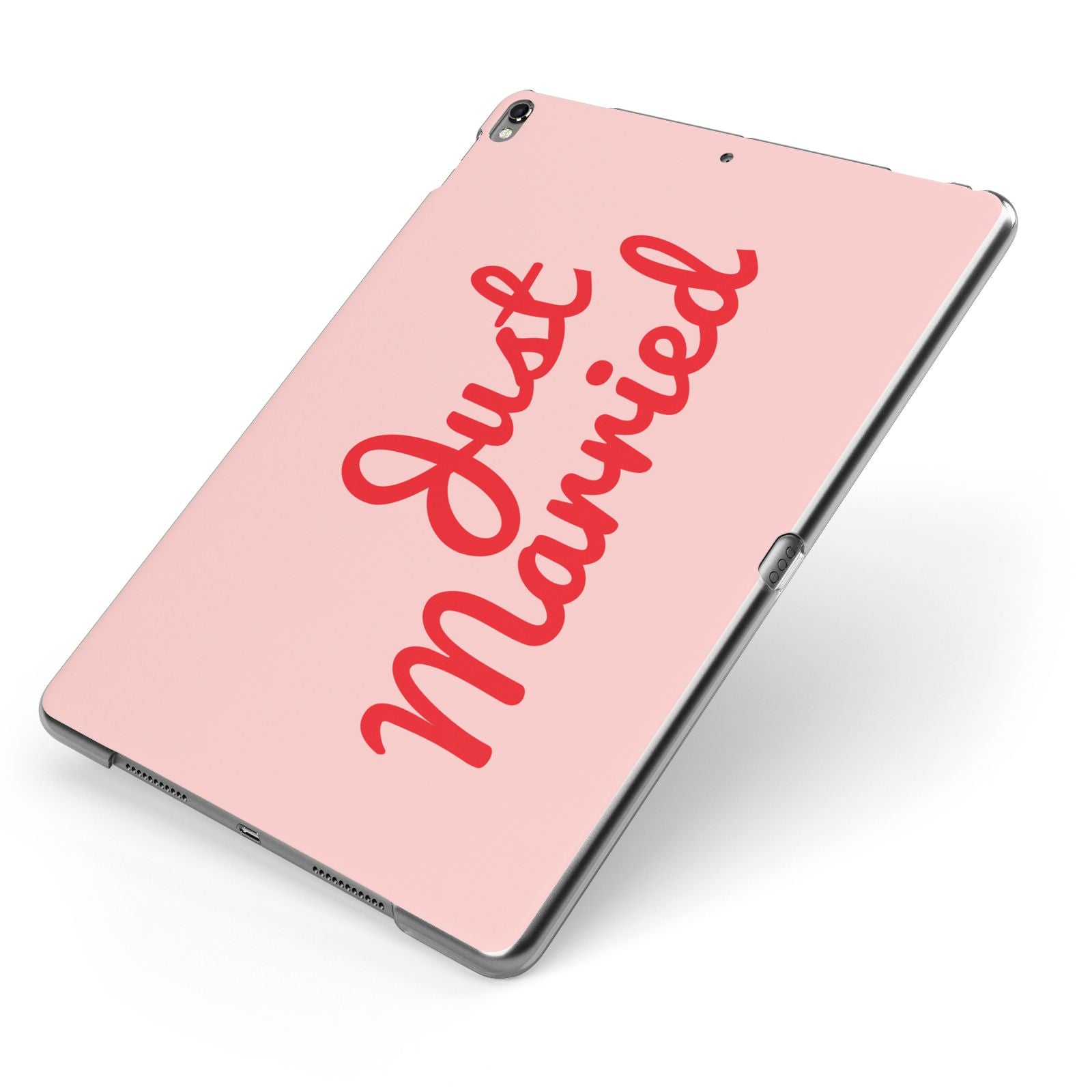 Just Married Red Pink Apple iPad Case on Grey iPad Side View