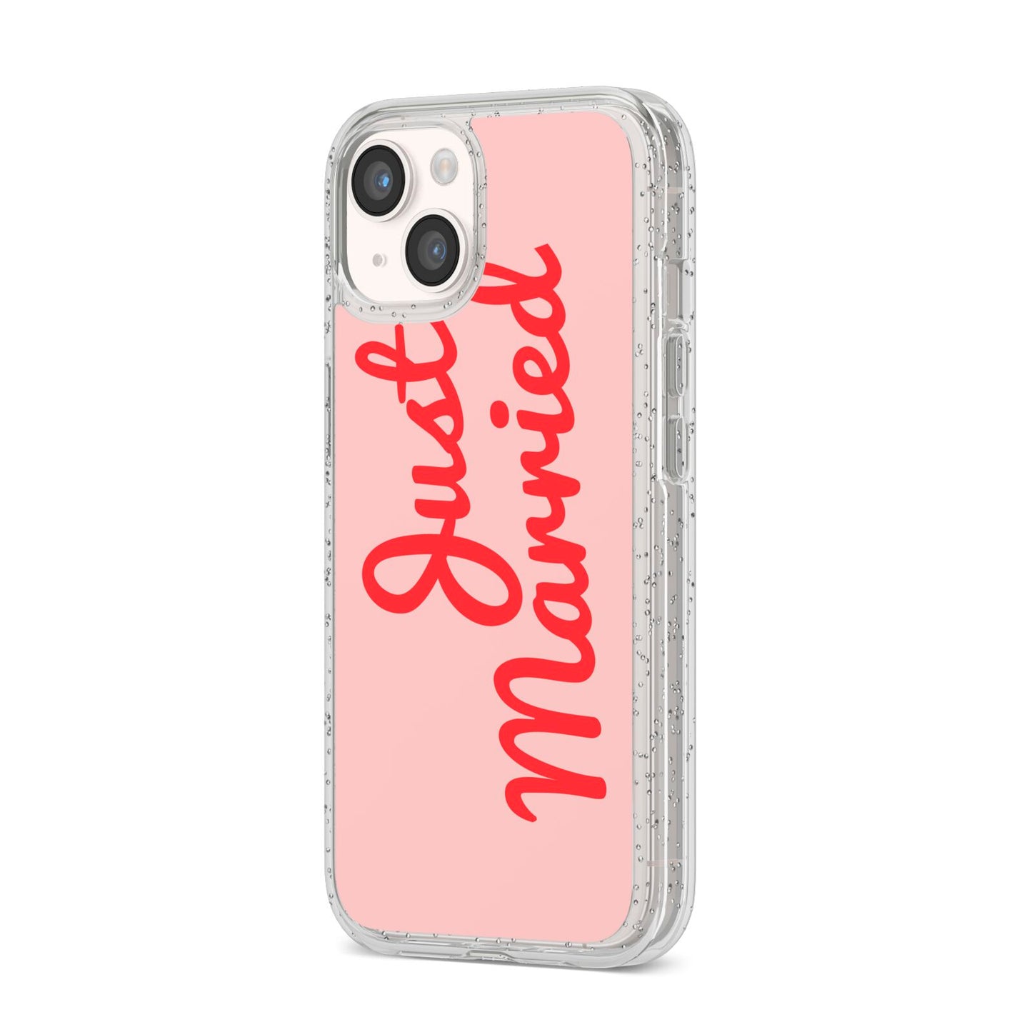 Just Married Red Pink iPhone 14 Glitter Tough Case Starlight Angled Image