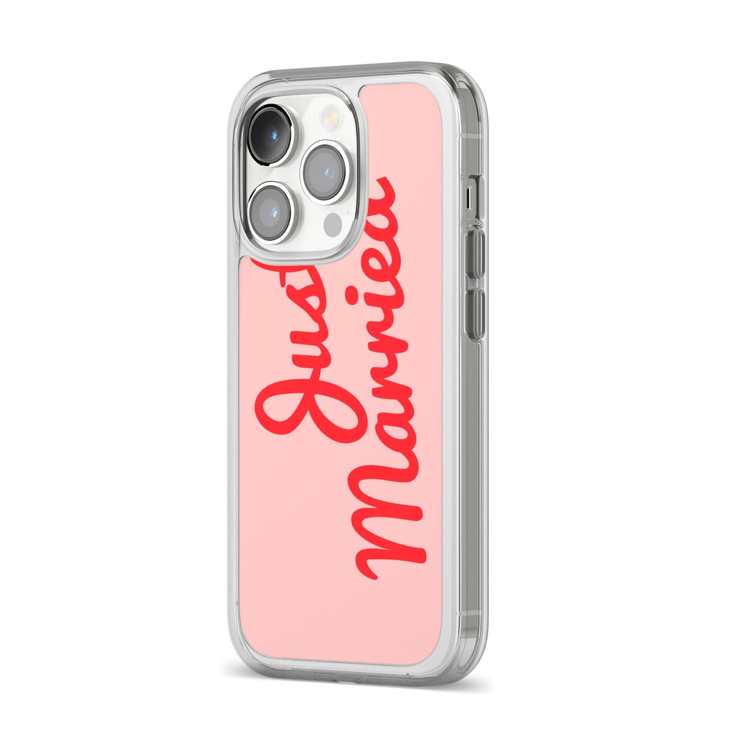 Just Married Red Pink iPhone 14 Pro Clear Tough Case Silver Angled Image