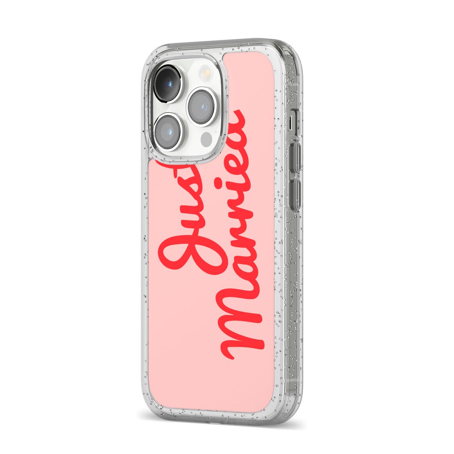 Just Married Red Pink iPhone 14 Pro Glitter Tough Case Silver Angled Image