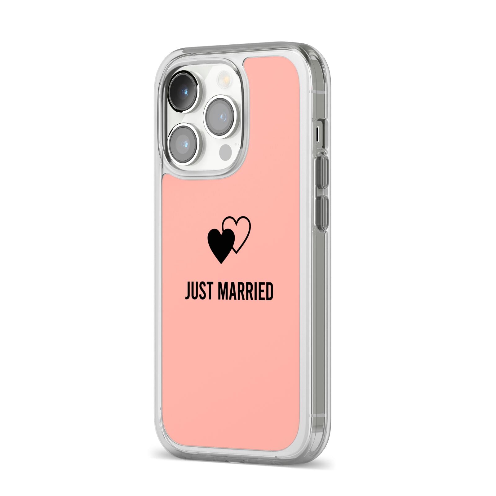 Just Married iPhone 14 Pro Clear Tough Case Silver Angled Image
