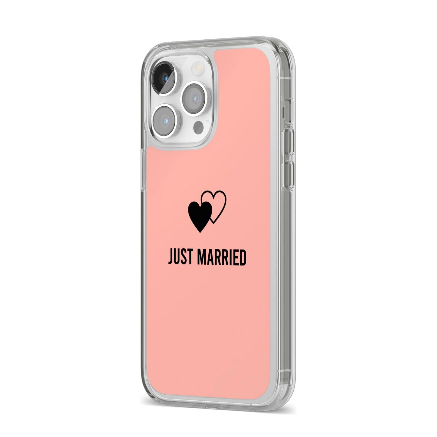 Just Married iPhone 14 Pro Max Clear Tough Case Silver Angled Image