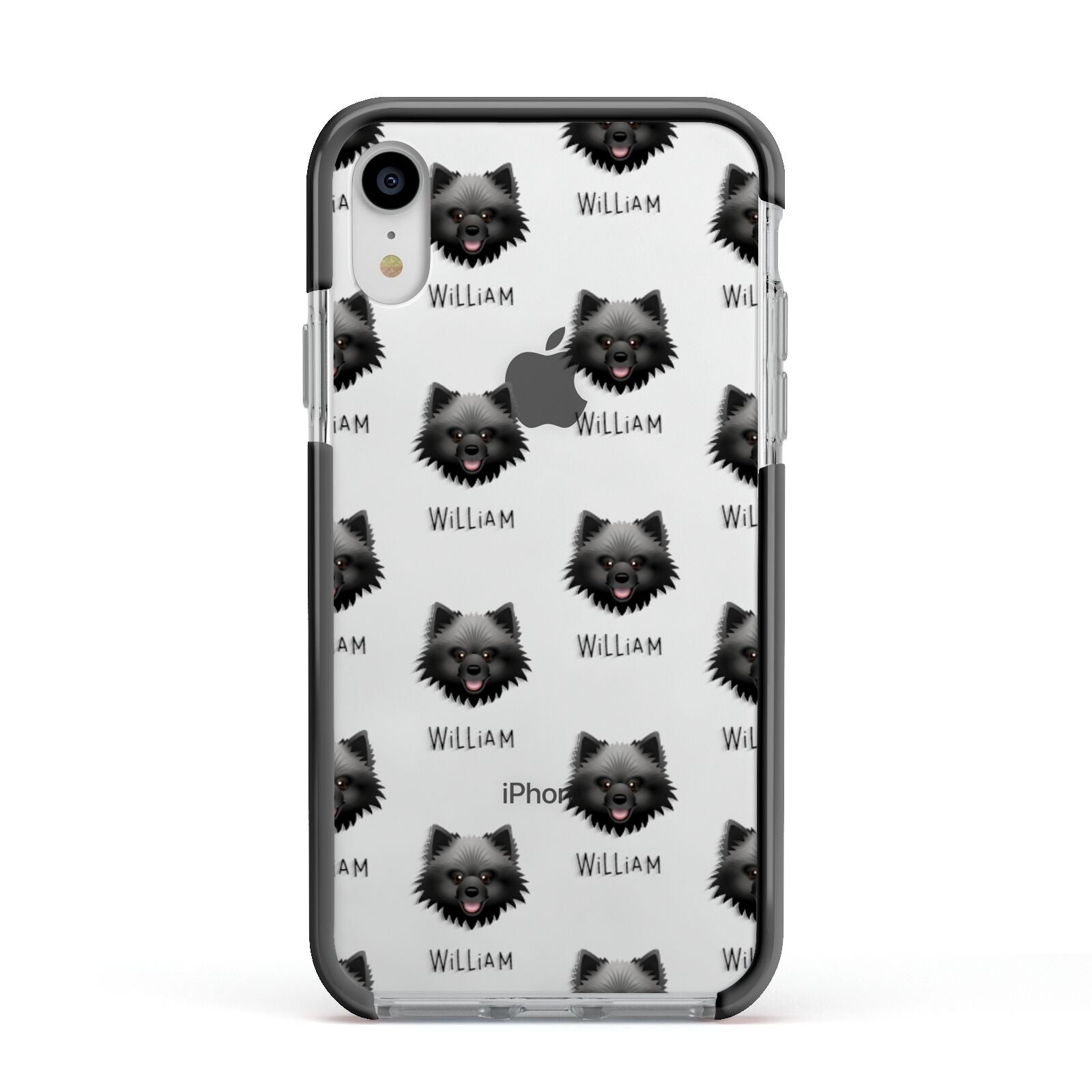 Keeshond Icon with Name Apple iPhone XR Impact Case Black Edge on Silver Phone