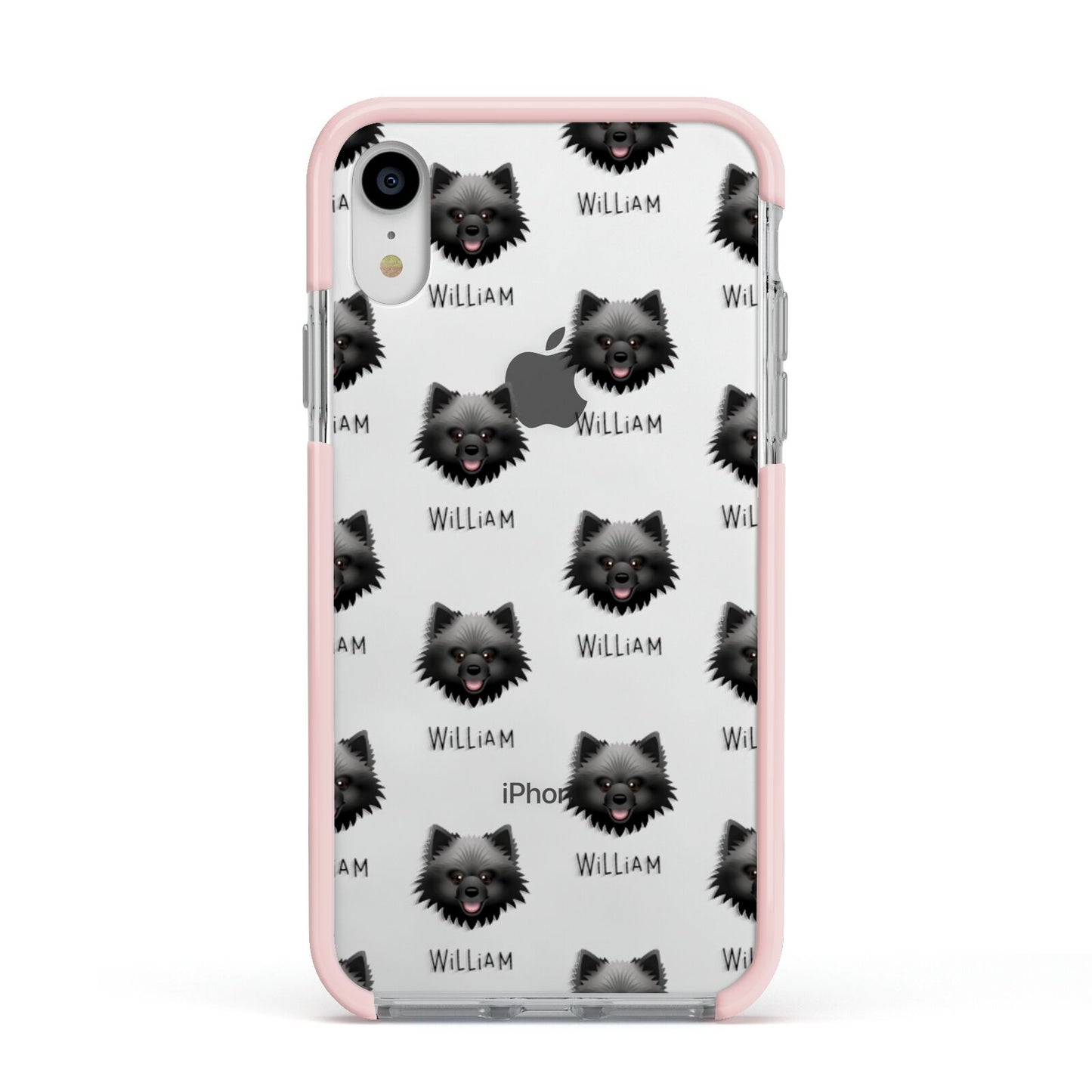 Keeshond Icon with Name Apple iPhone XR Impact Case Pink Edge on Silver Phone