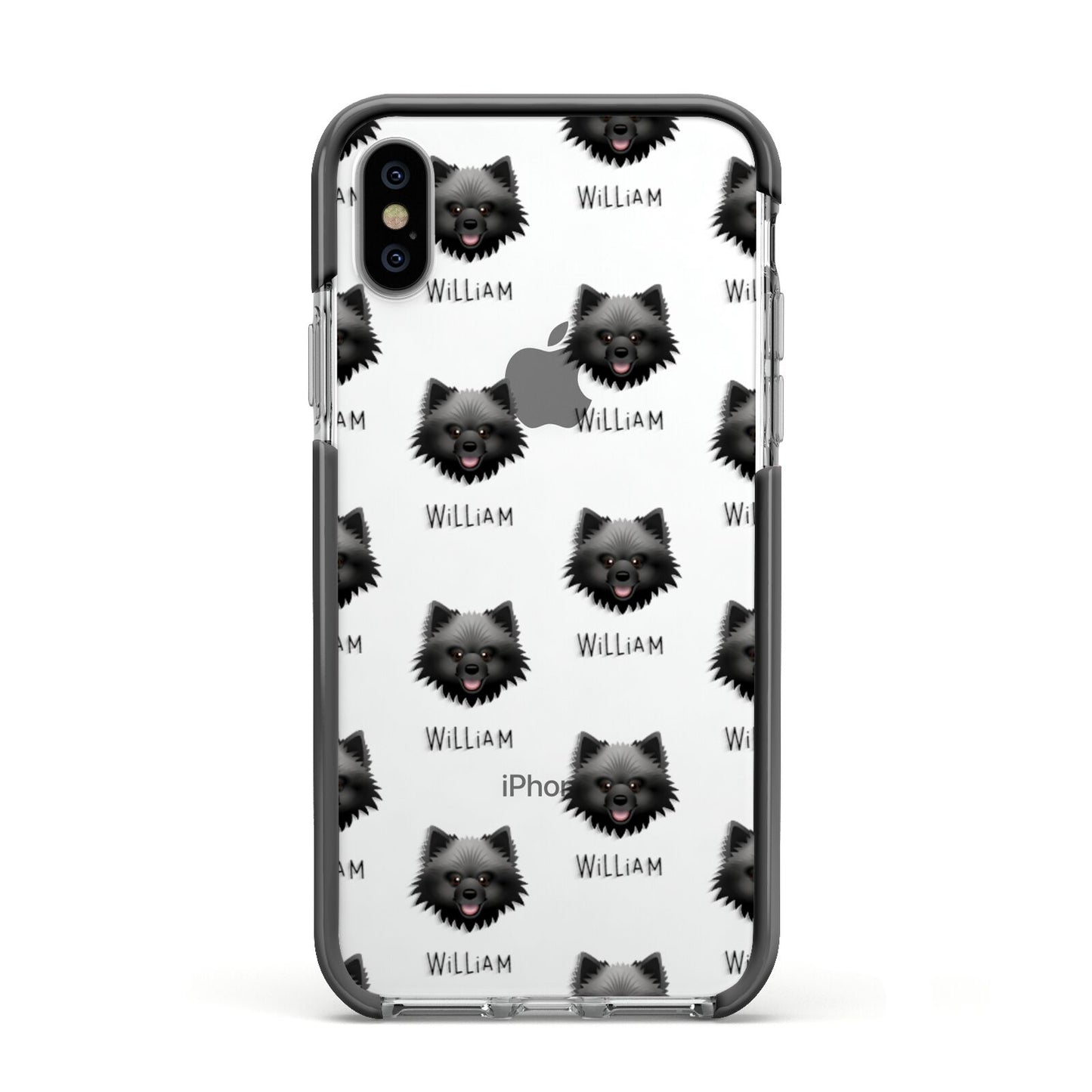 Keeshond Icon with Name Apple iPhone Xs Impact Case Black Edge on Silver Phone