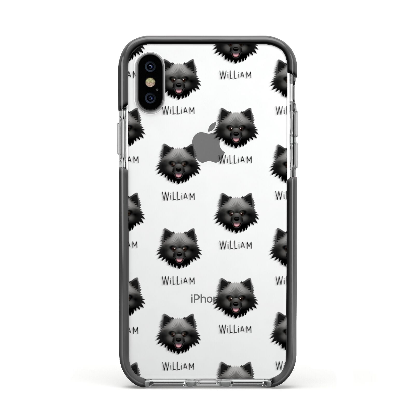 Keeshond Icon with Name Apple iPhone Xs Impact Case Black Edge on Silver Phone