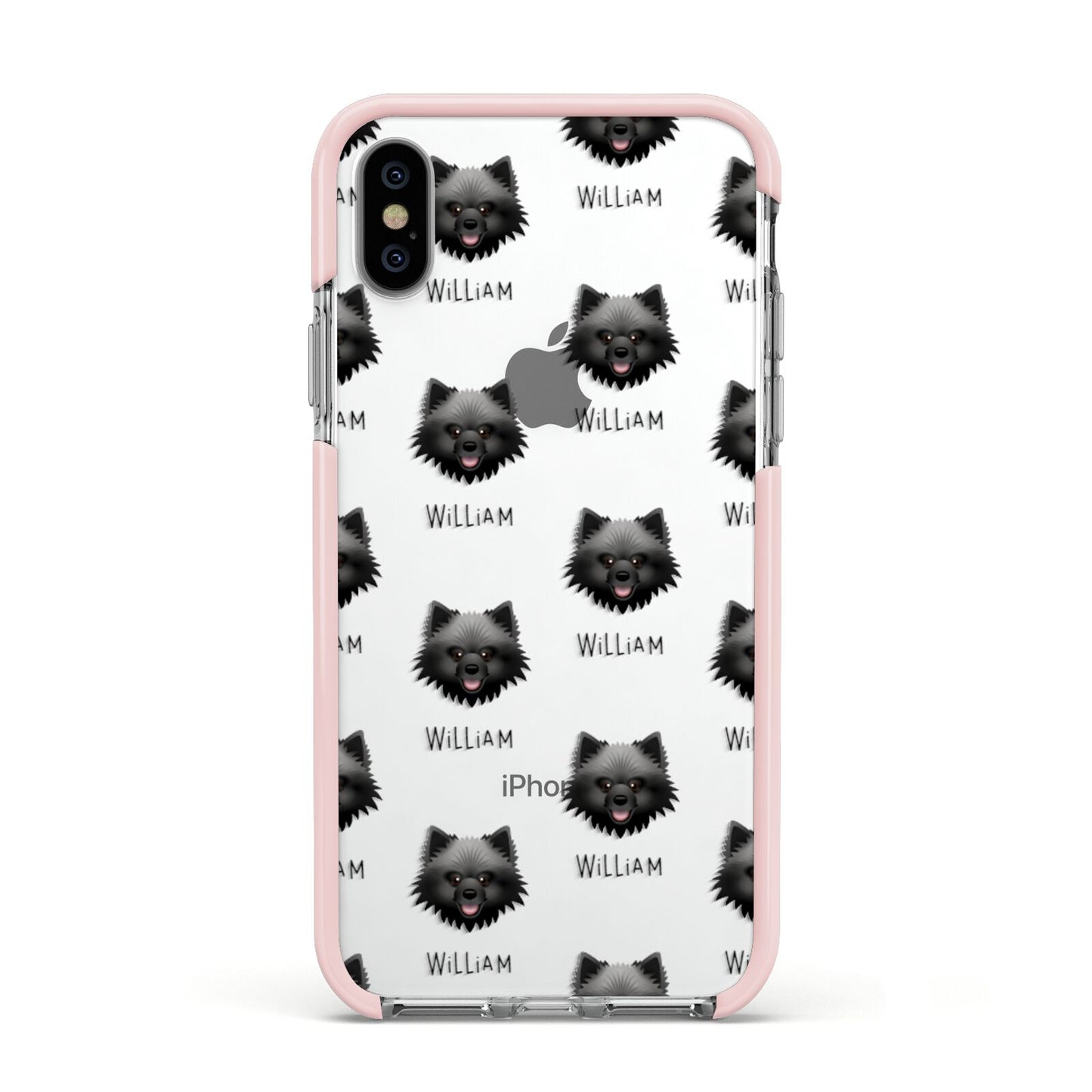 Keeshond Icon with Name Apple iPhone Xs Impact Case Pink Edge on Silver Phone