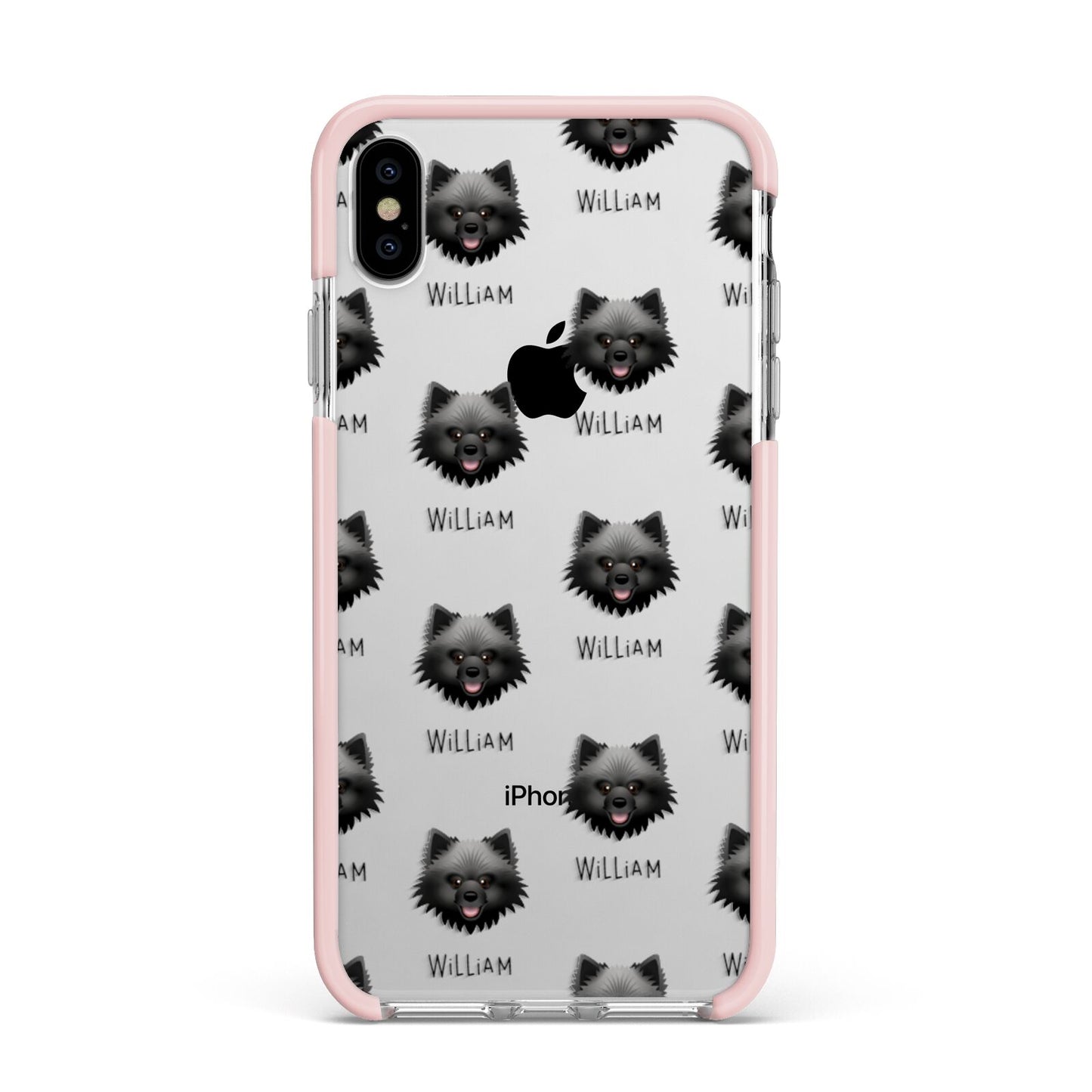 Keeshond Icon with Name Apple iPhone Xs Max Impact Case Pink Edge on Silver Phone
