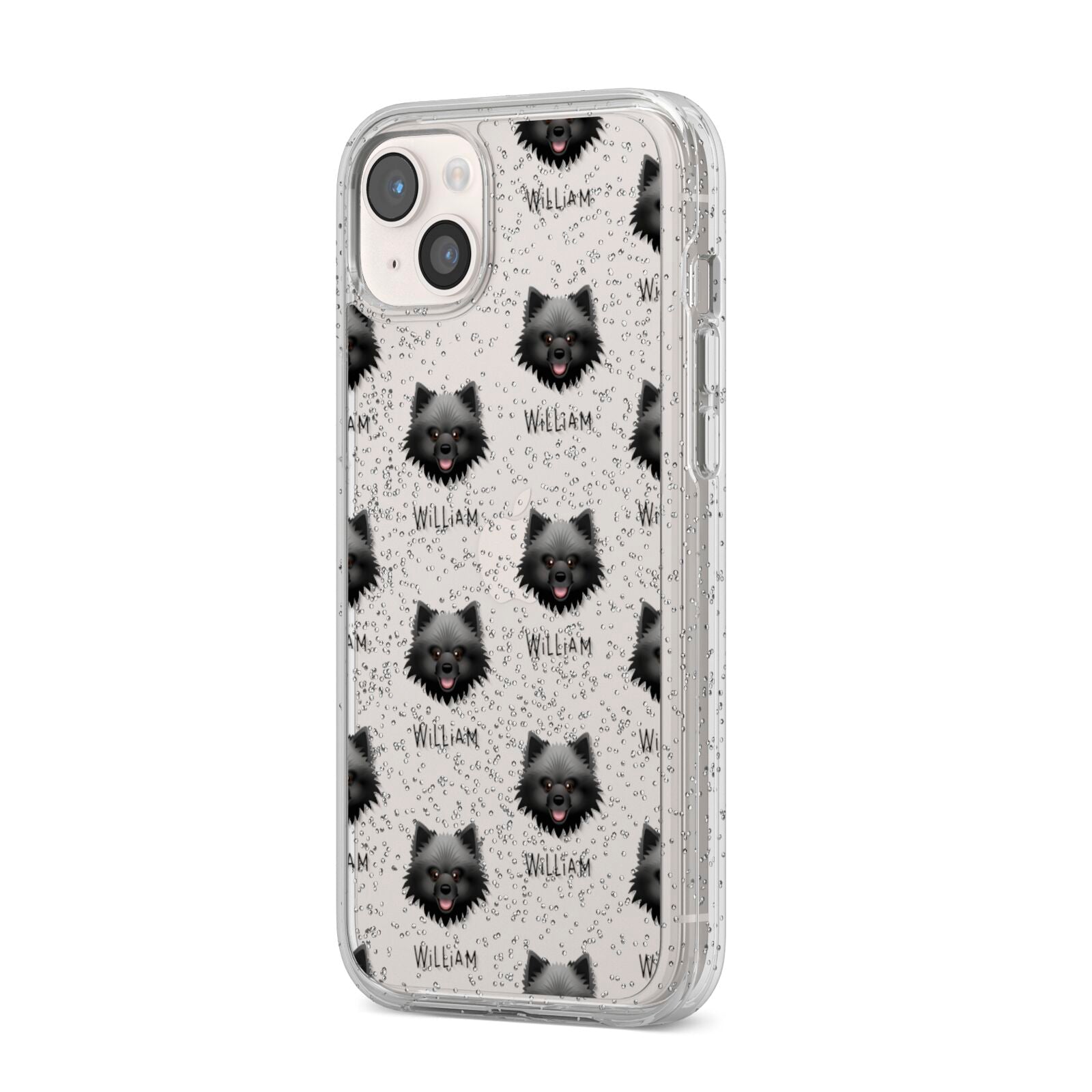 Keeshond Icon with Name iPhone 14 Plus Glitter Tough Case Starlight Angled Image