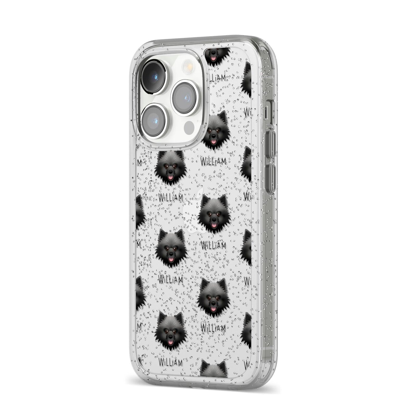 Keeshond Icon with Name iPhone 14 Pro Glitter Tough Case Silver Angled Image