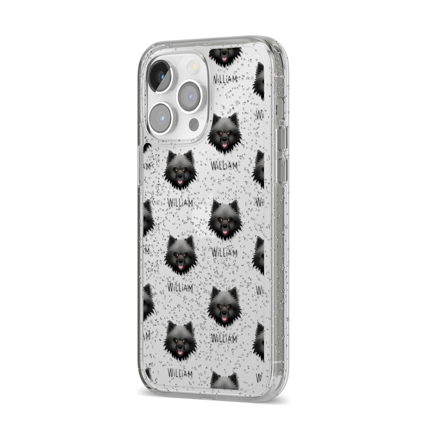 Keeshond Icon with Name iPhone 14 Pro Max Glitter Tough Case Silver Angled Image