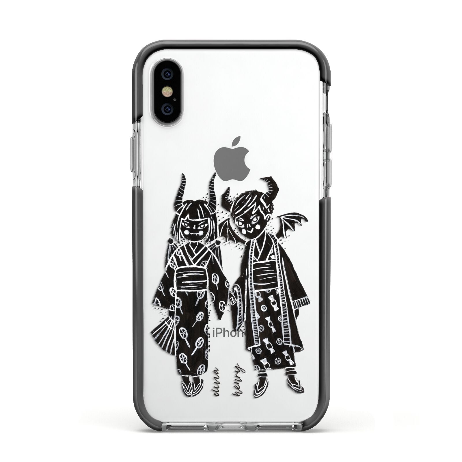Kimono Devils Apple iPhone Xs Impact Case Black Edge on Silver Phone