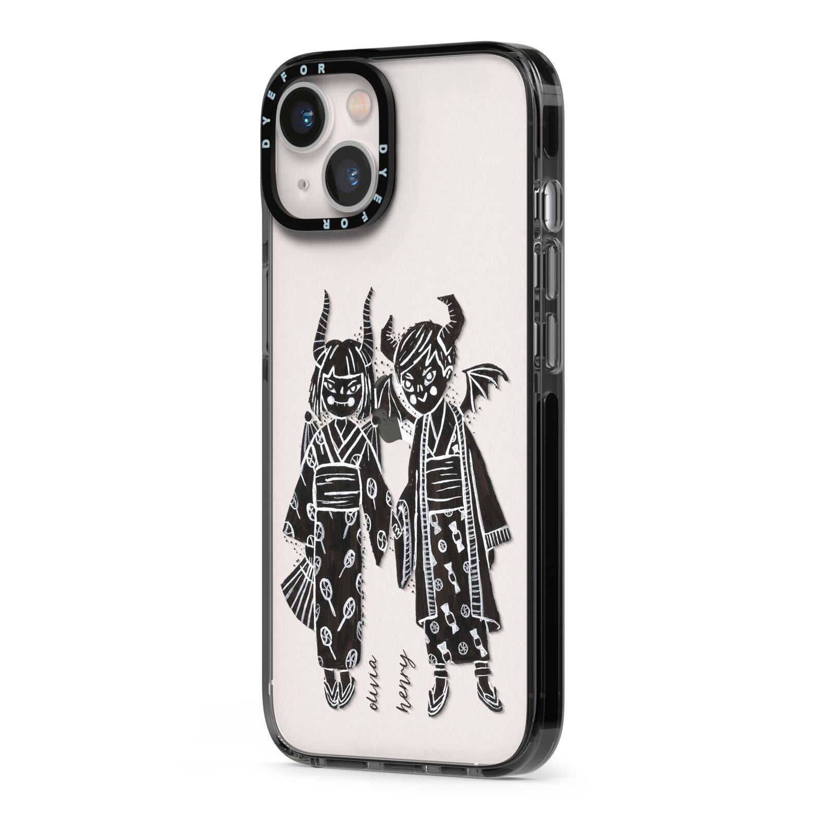 Kimono Devils iPhone 13 Black Impact Case Side Angle on Silver phone