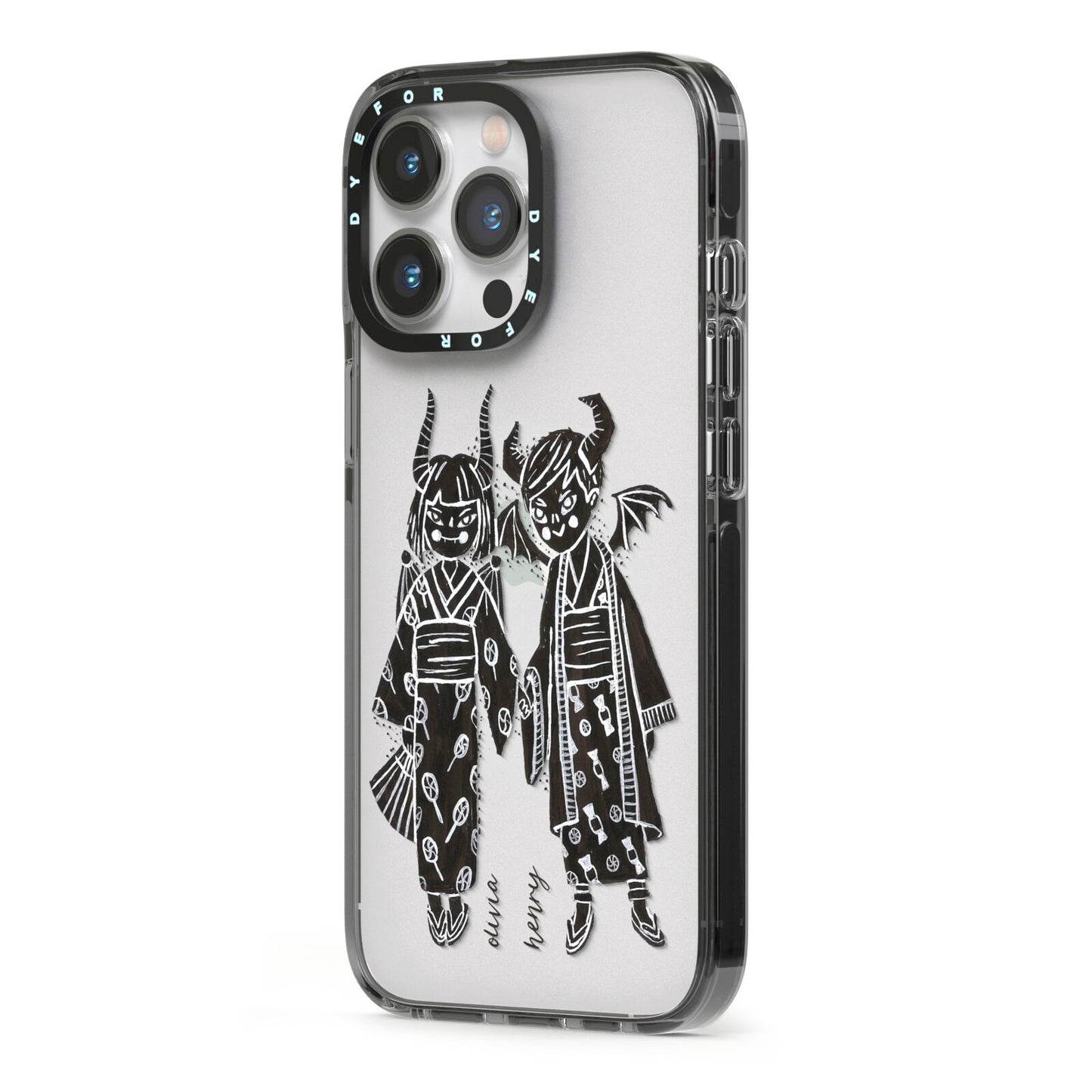 Kimono Devils iPhone 13 Pro Black Impact Case Side Angle on Silver phone