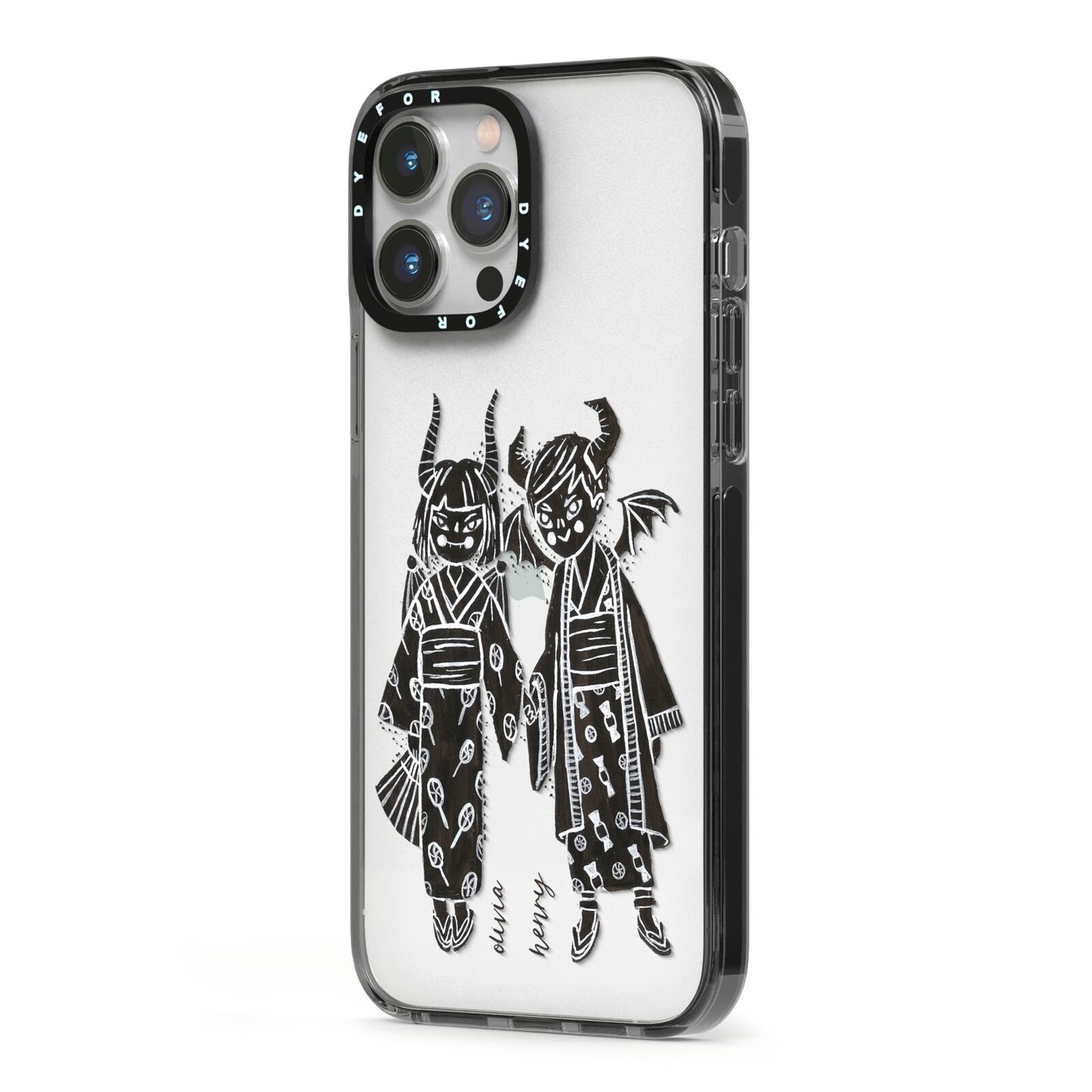 Kimono Devils iPhone 13 Pro Max Black Impact Case Side Angle on Silver phone