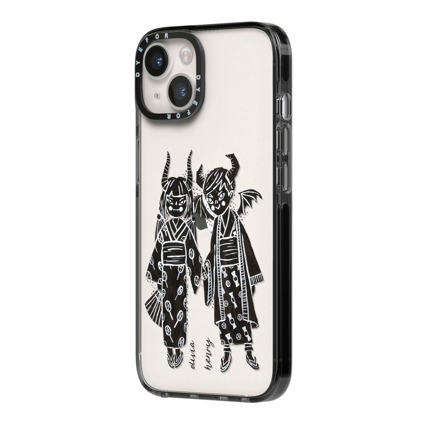 Kimono Devils iPhone 14 Black Impact Case Side Angle on Silver phone