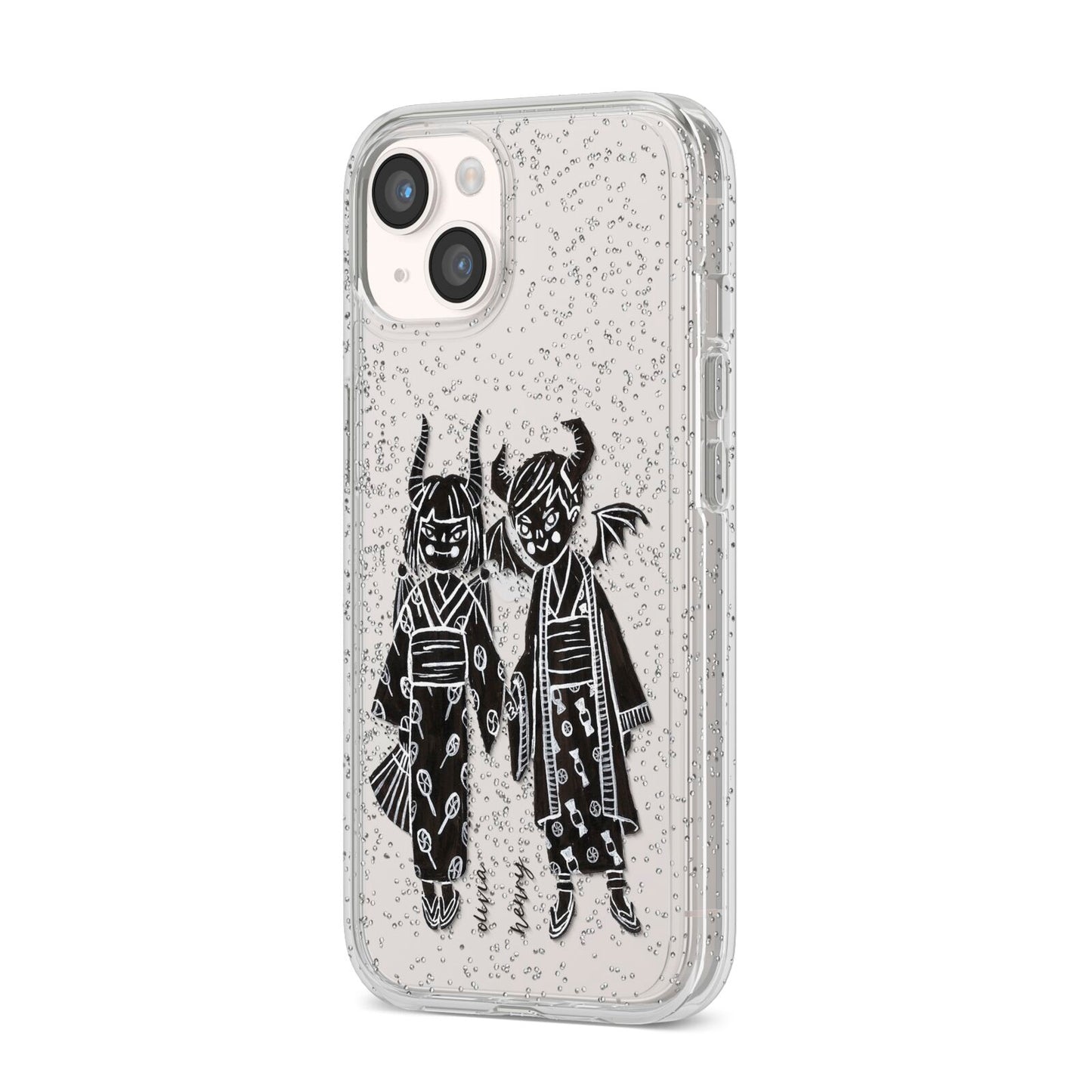 Kimono Devils iPhone 14 Glitter Tough Case Starlight Angled Image