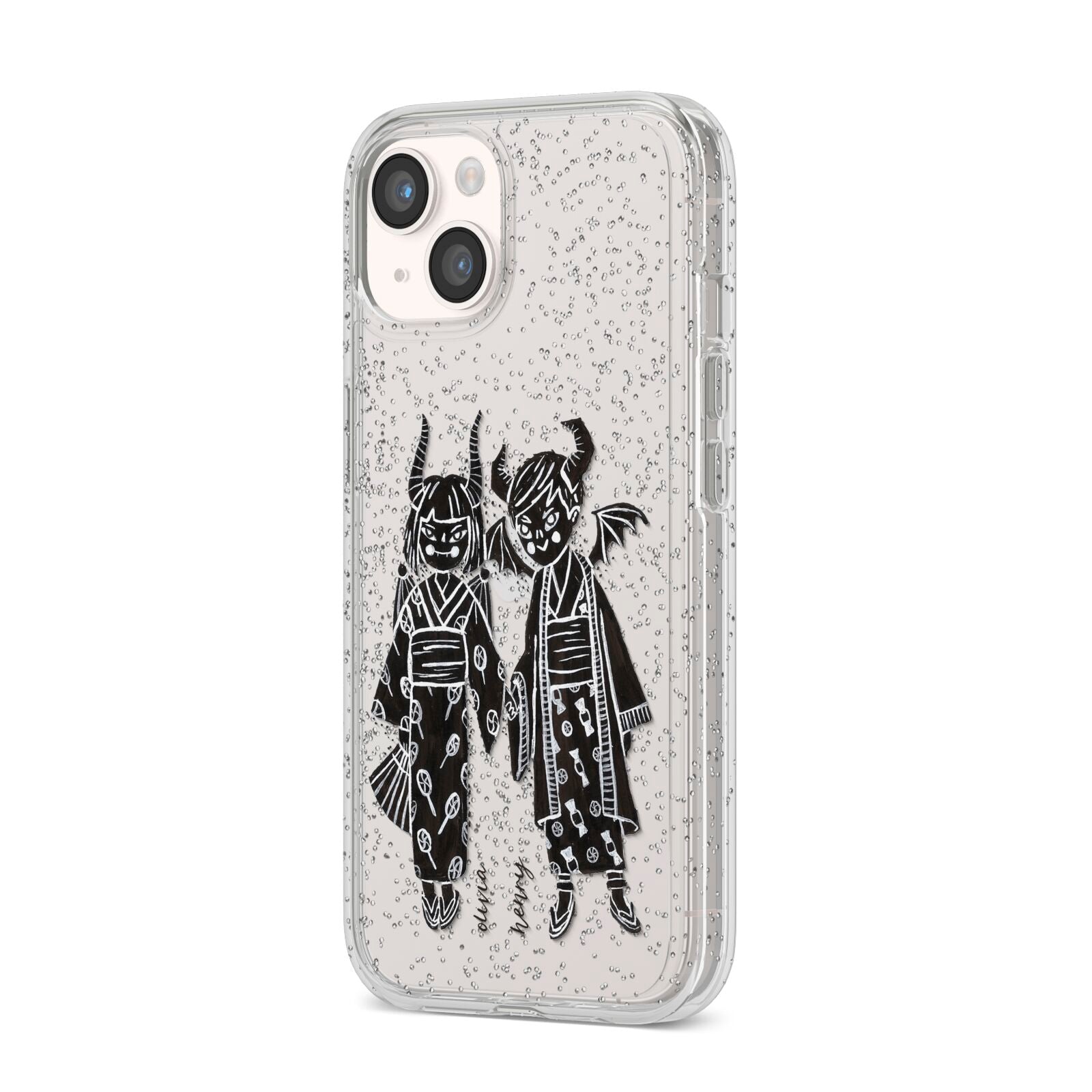 Kimono Devils iPhone 14 Glitter Tough Case Starlight Angled Image
