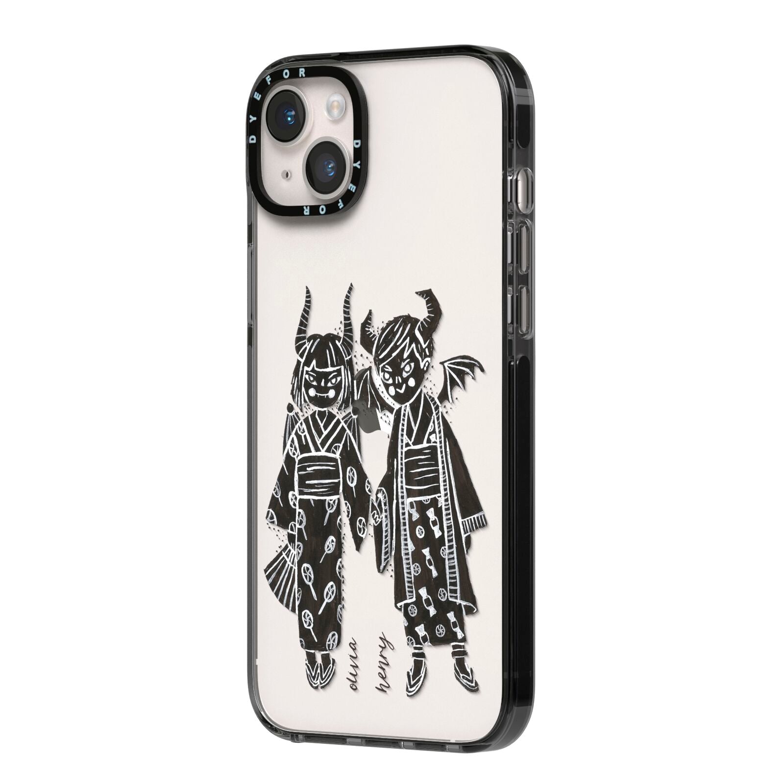 Kimono Devils iPhone 14 Plus Black Impact Case Side Angle on Silver phone